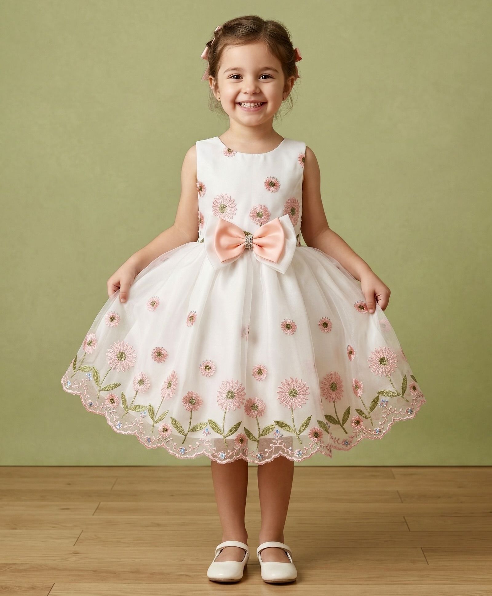 smile baby NX Net Knit Sleeveless Bow Applique Detailed Floral Embroidered Dress - Peach-image-35