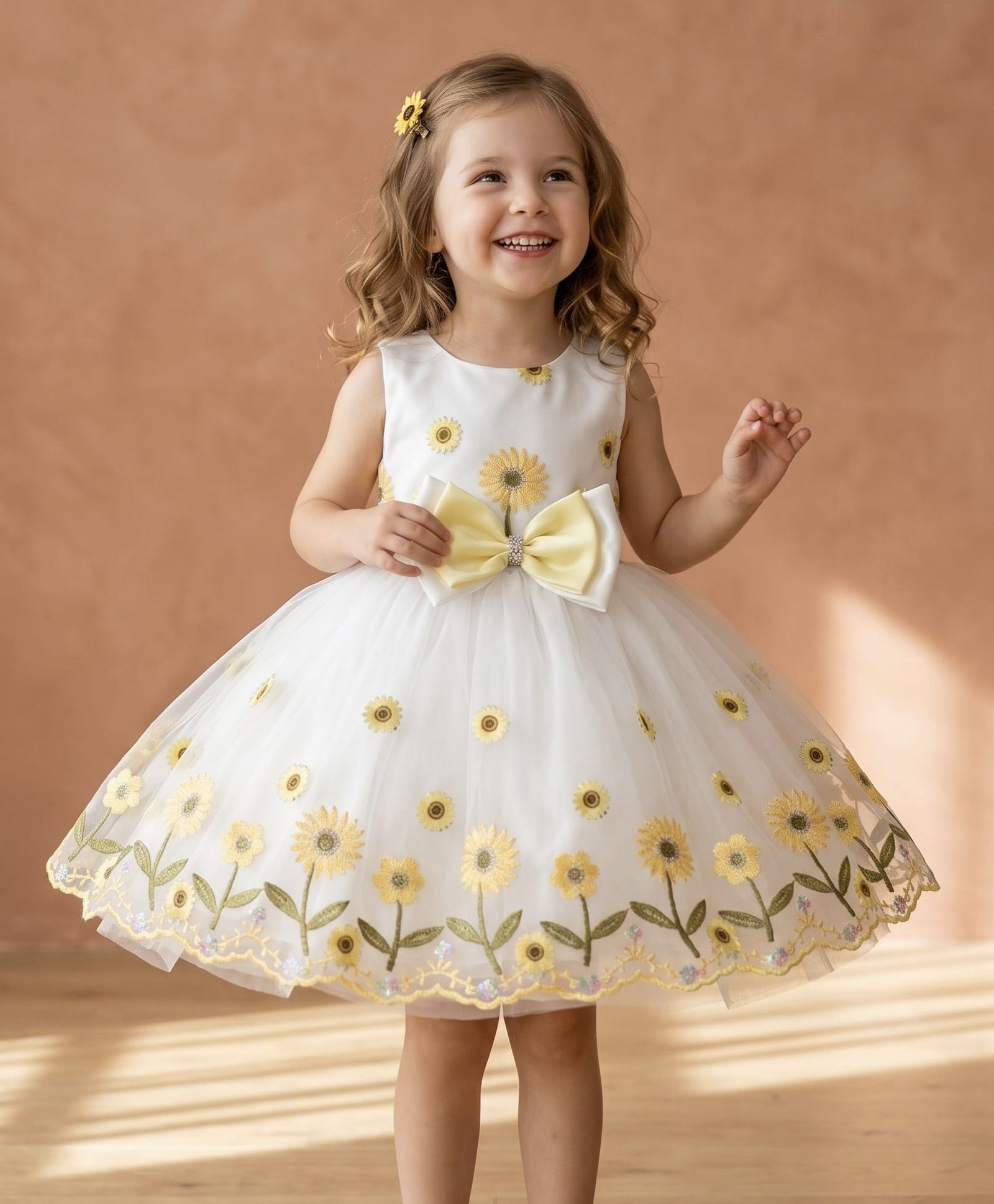 smile baby NX Net Knitted Sleeveless Floral Embroidered Dress - Yellow-image-29