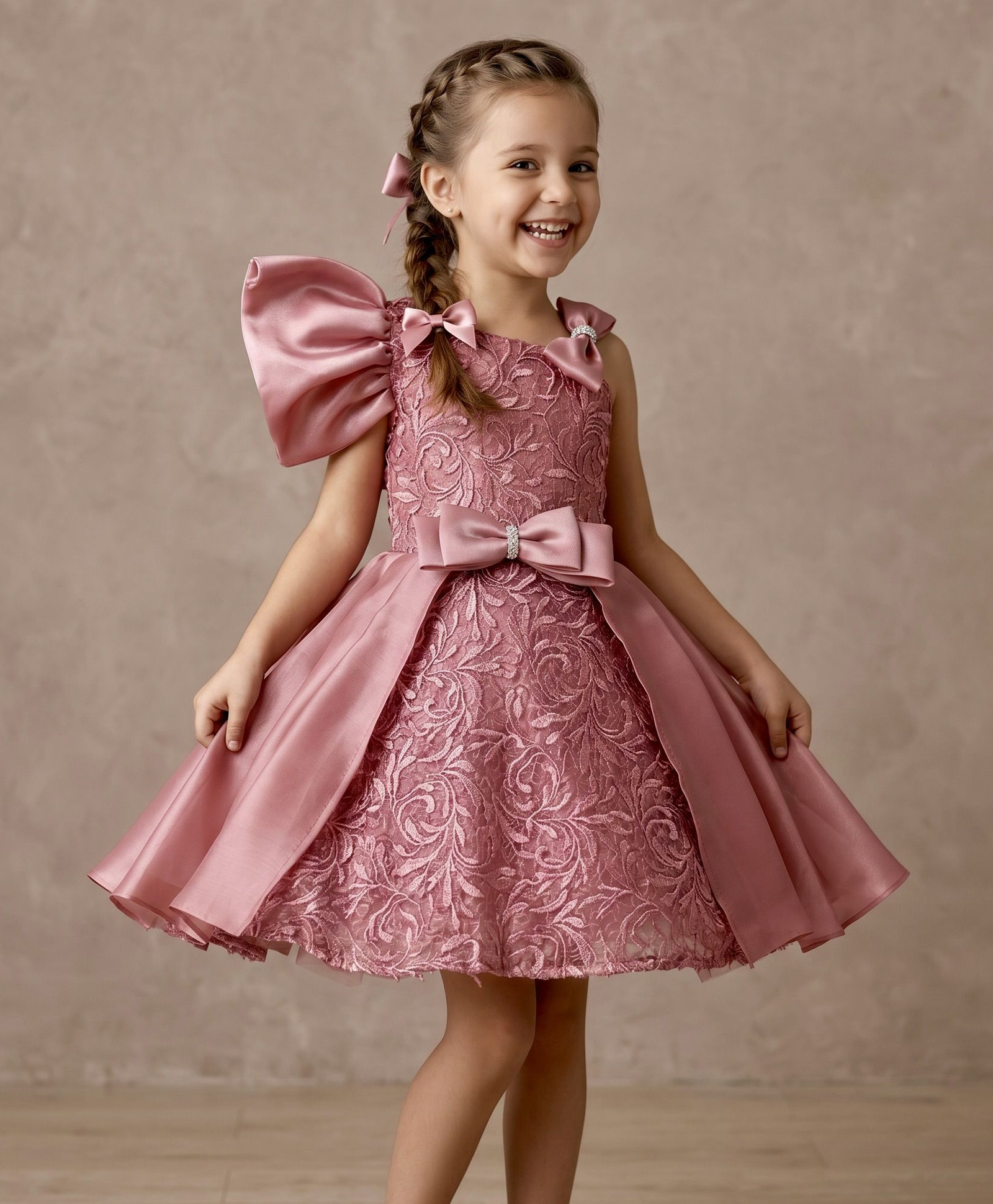 smile baby NX Tissue Woven One Shoulder Sleeves Floral Embroidered Bow Applique & Frills Detailed Dress - Pink-image-28