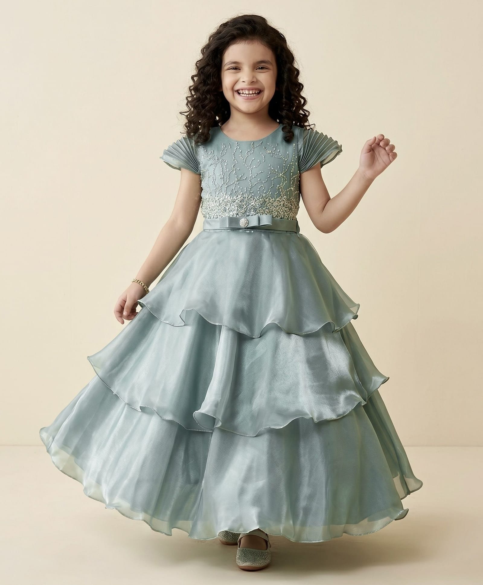 smile baby NX Tissue Woven Cap Sleeves Beads Embellished Gown - Grey-picture-14