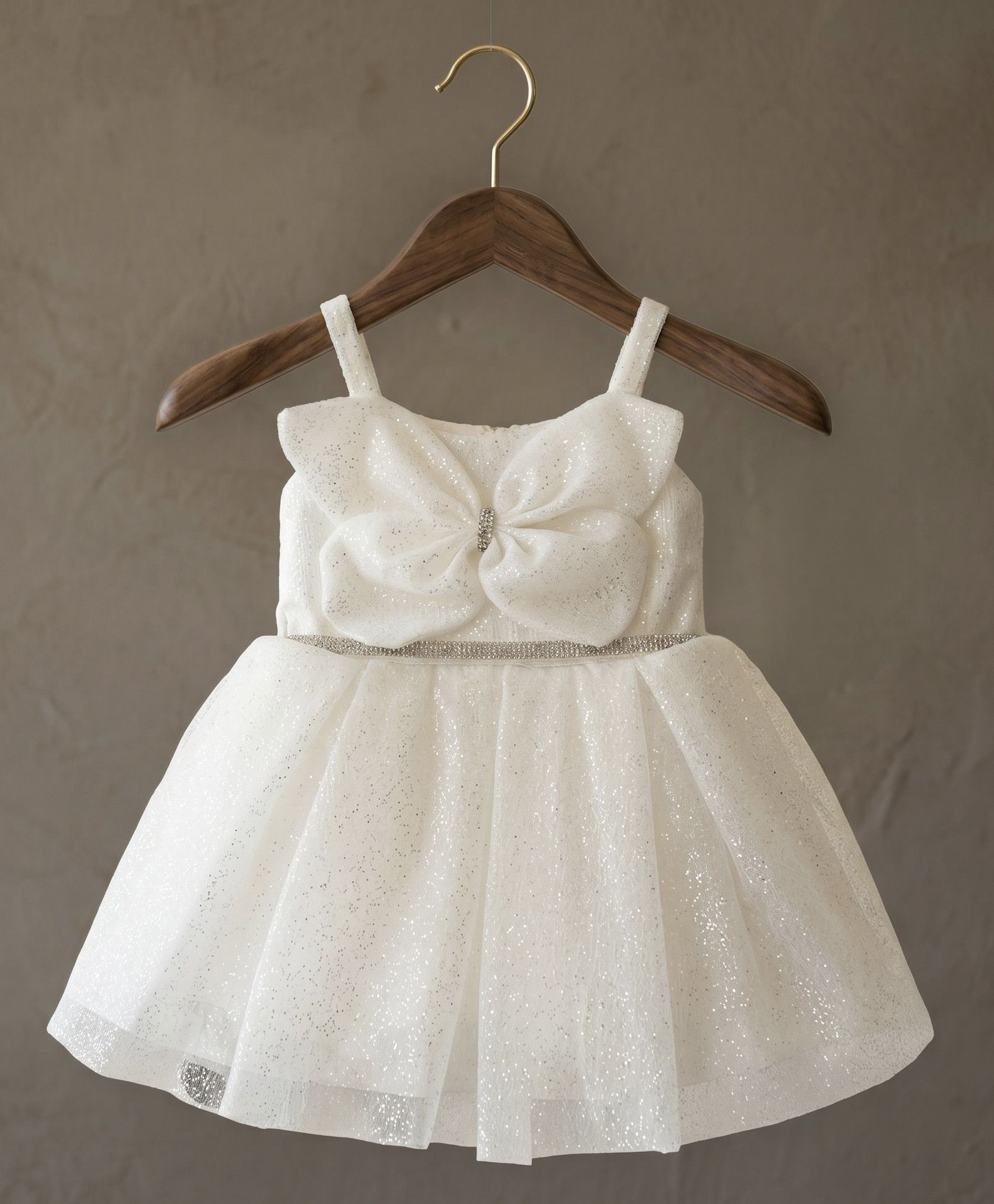 smile baby NX Tissue Knit Sleeveless Stones Embellished Glitter & Bow Applique Detailed Dress - Cream-image-32