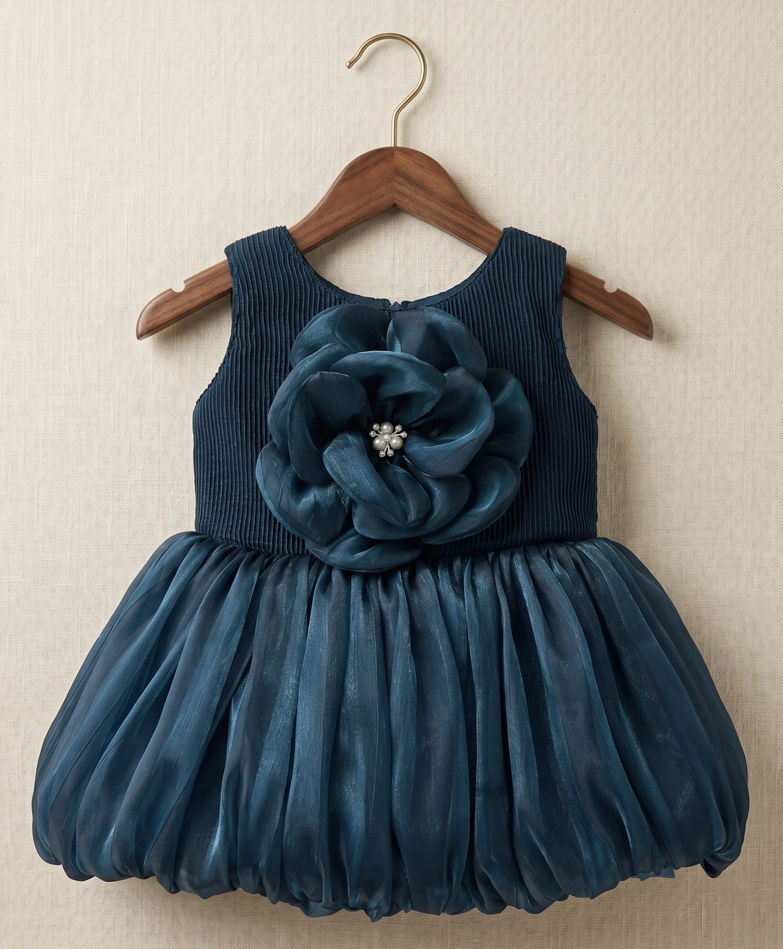 smile baby NX Tissue Woven Sleeveless Stones & Pearls Embellished Floral Designed Balloon Dress - Teal Blue-image-31
