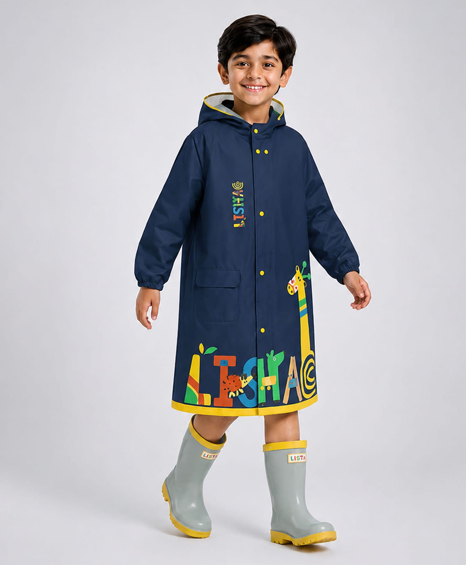 Little Surprise Box Animals Designed Hooded Raincoat - Navy Blue-image-34