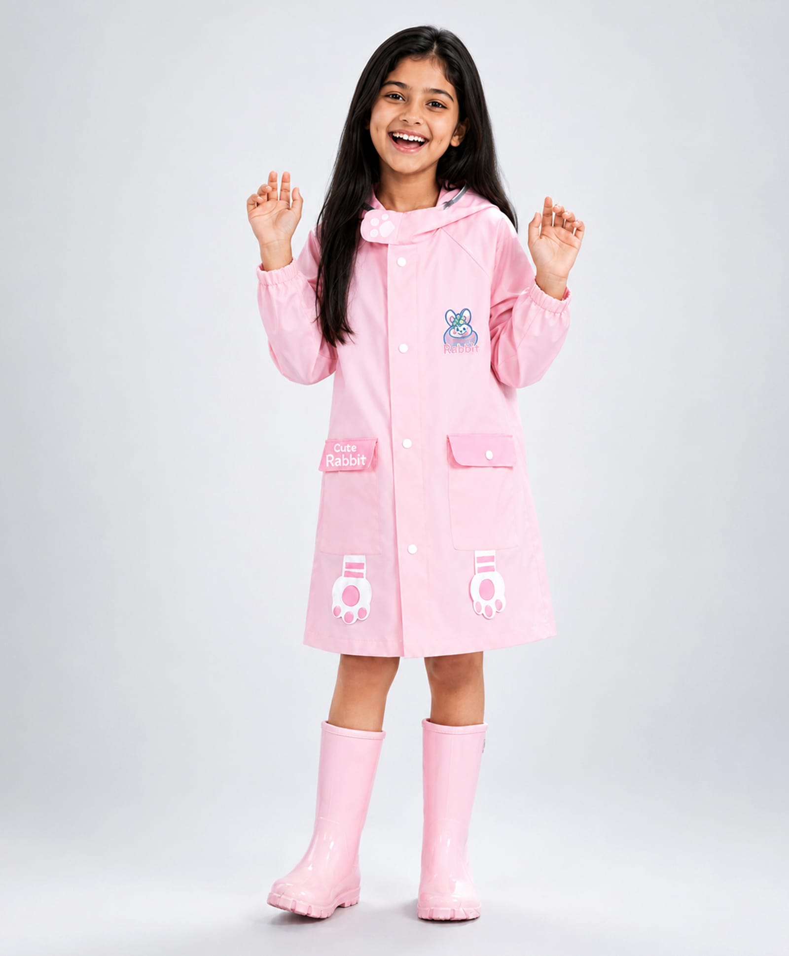 Little Surprise Box Full Sleeves Rabbit Designed Hooded Raincoat - Pink-picture-13