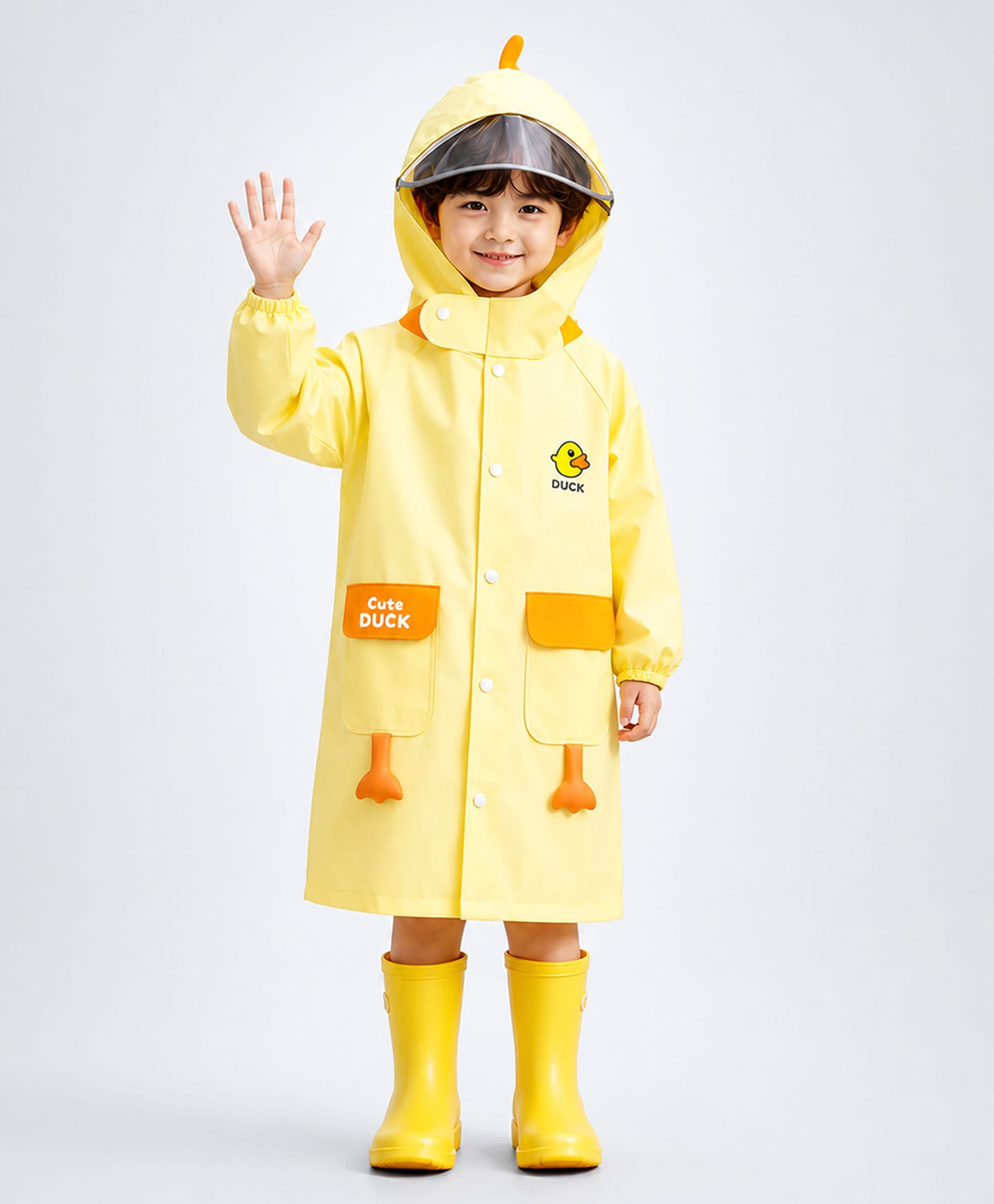Little Surprise Box Full Sleeves Duck Designed Hooded Raincoat - Yellow-picture-22