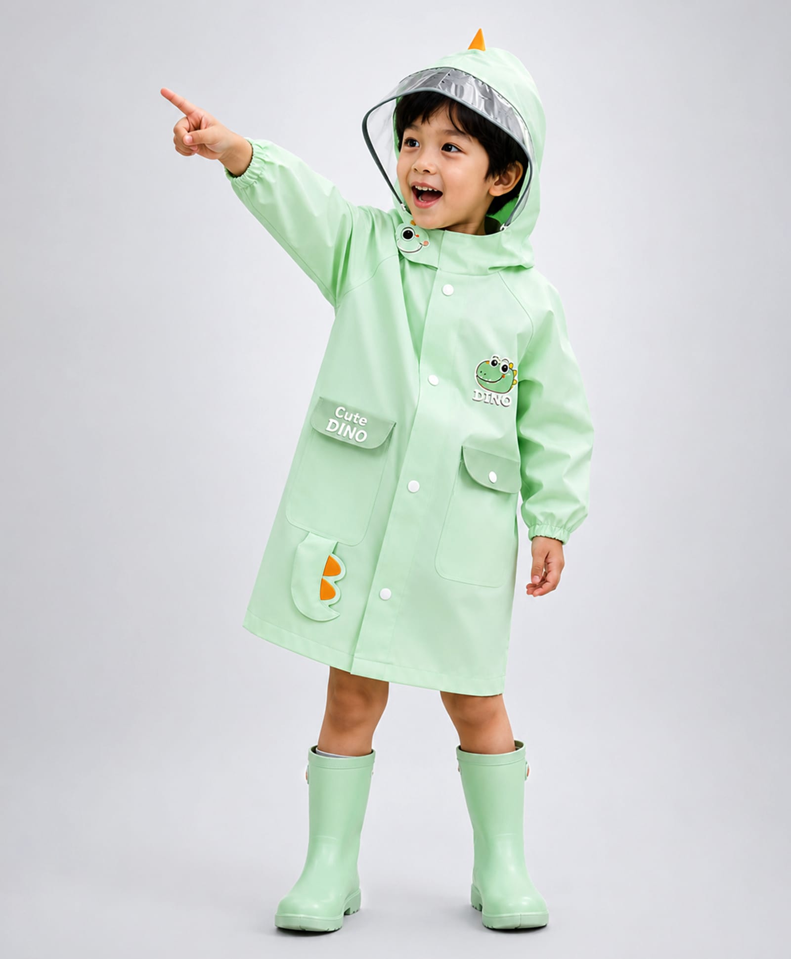 Little Surprise Box Full Sleeves Dinosaur Designed Hooded Raincoat - Mint Green-picture-20