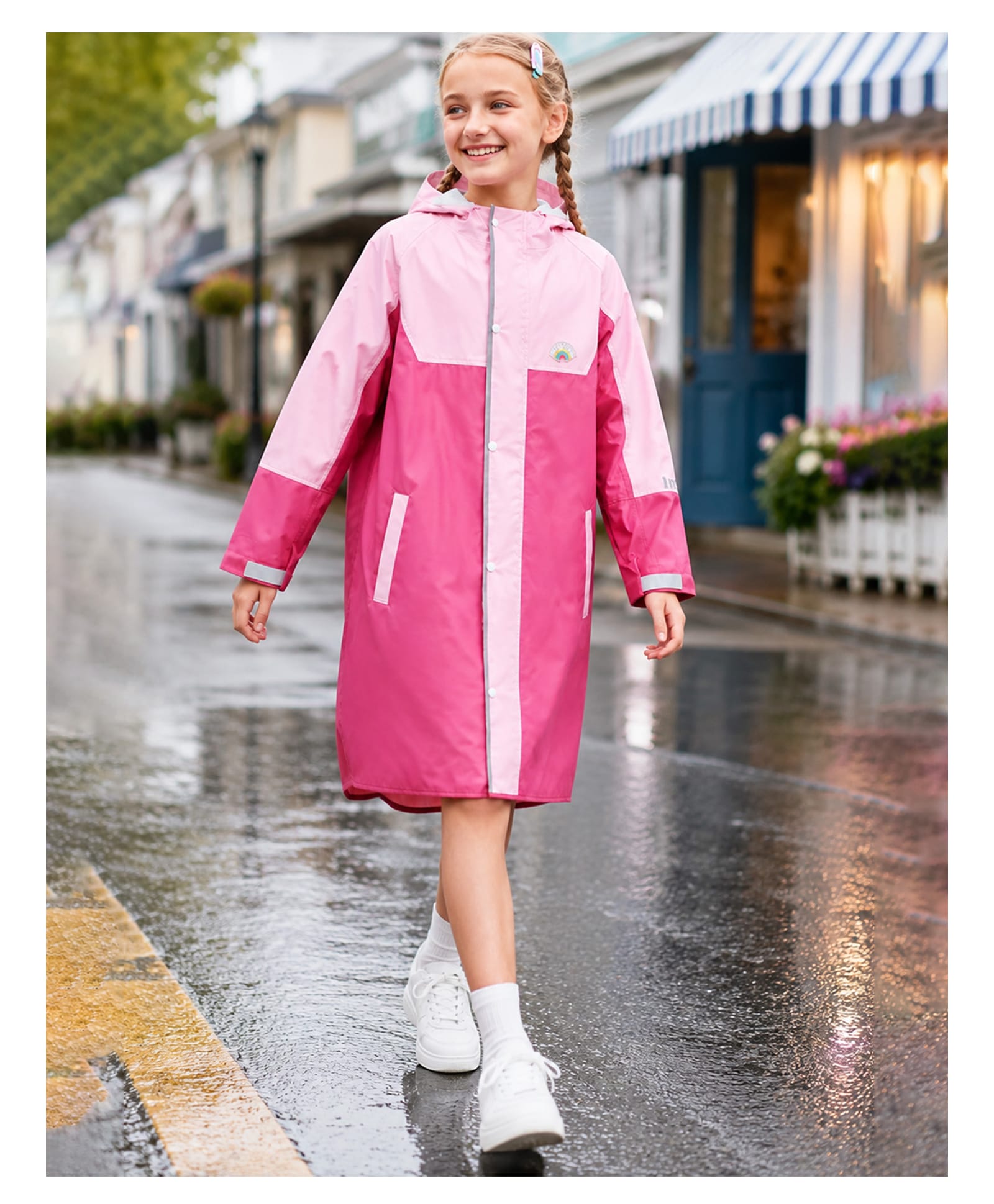 Little Surprise Box Full Sleeves Colour Blocked Hooded Raincoat - Pink-image-30