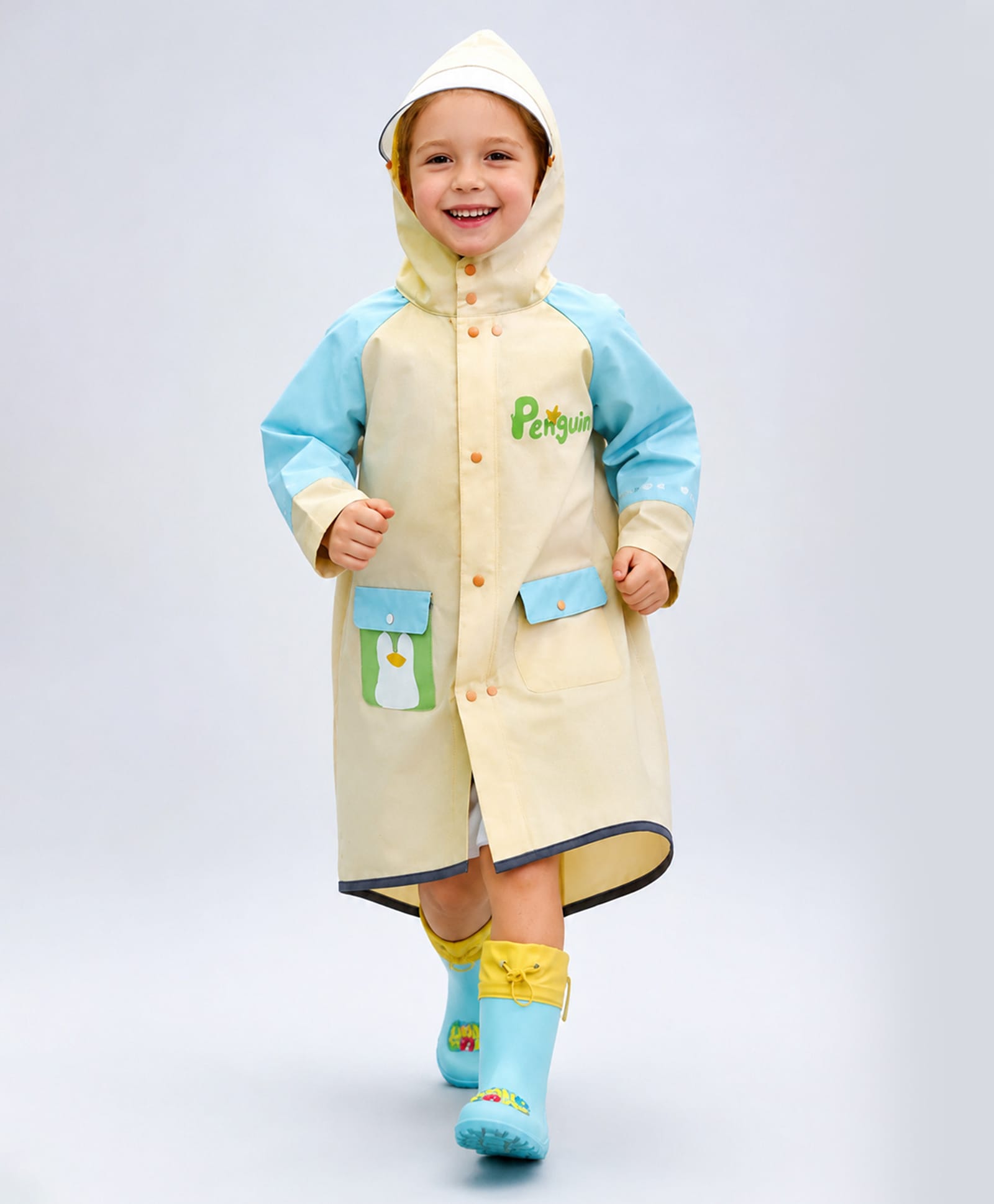 Little Surprise Box Full Sleeves Penguin Text Designed Hooded Raincoat -Peach-image-11