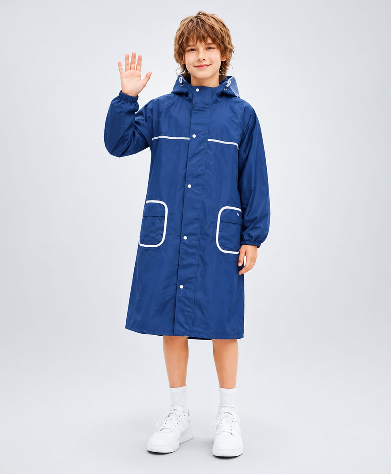 Little Surprise Box Full Sleeves Solid Hooded Raincoat - Navy Blue-image-47