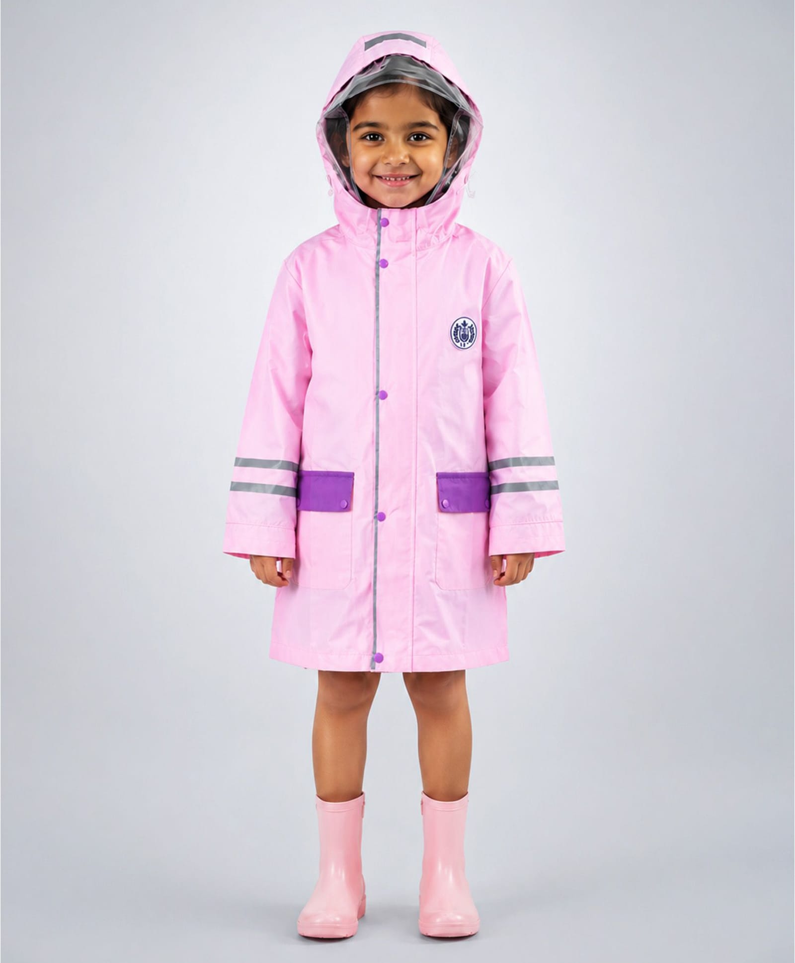 Little Surprise Box Full Sleeves Striped Hooded Raincoat - Pink-image-32