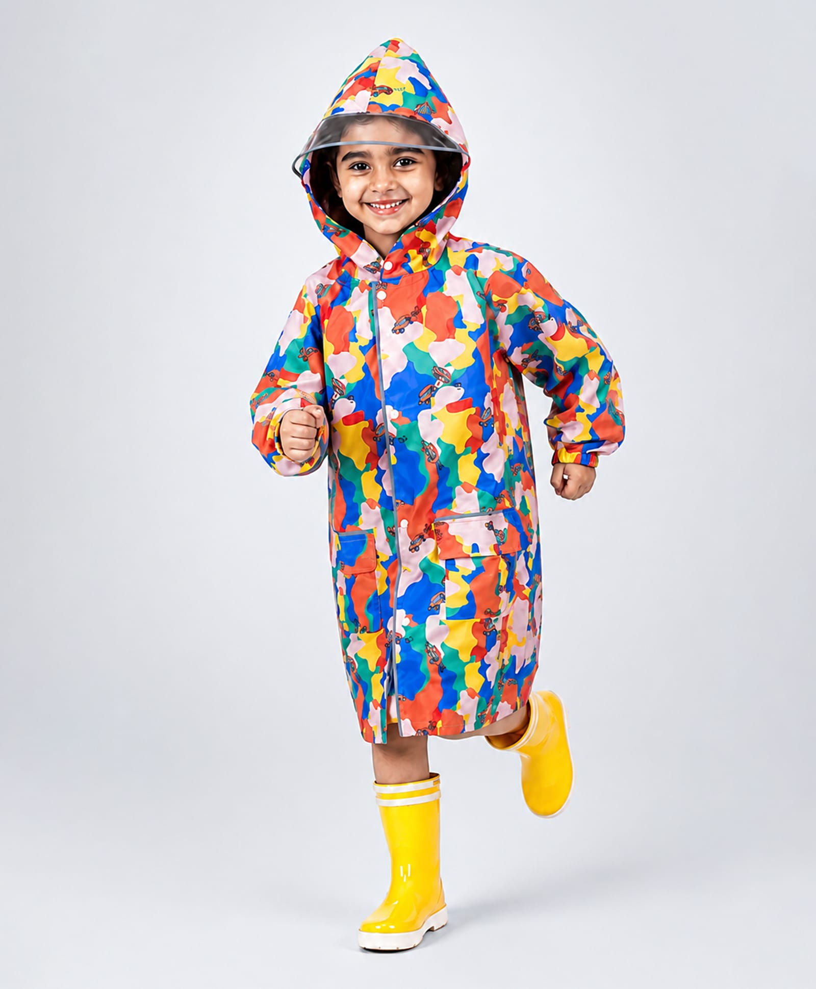 Little Surprise Box Full Sleeves Cars & Abstract Designed Hooded Raincoat - Pink & Multi Colour-picture-12