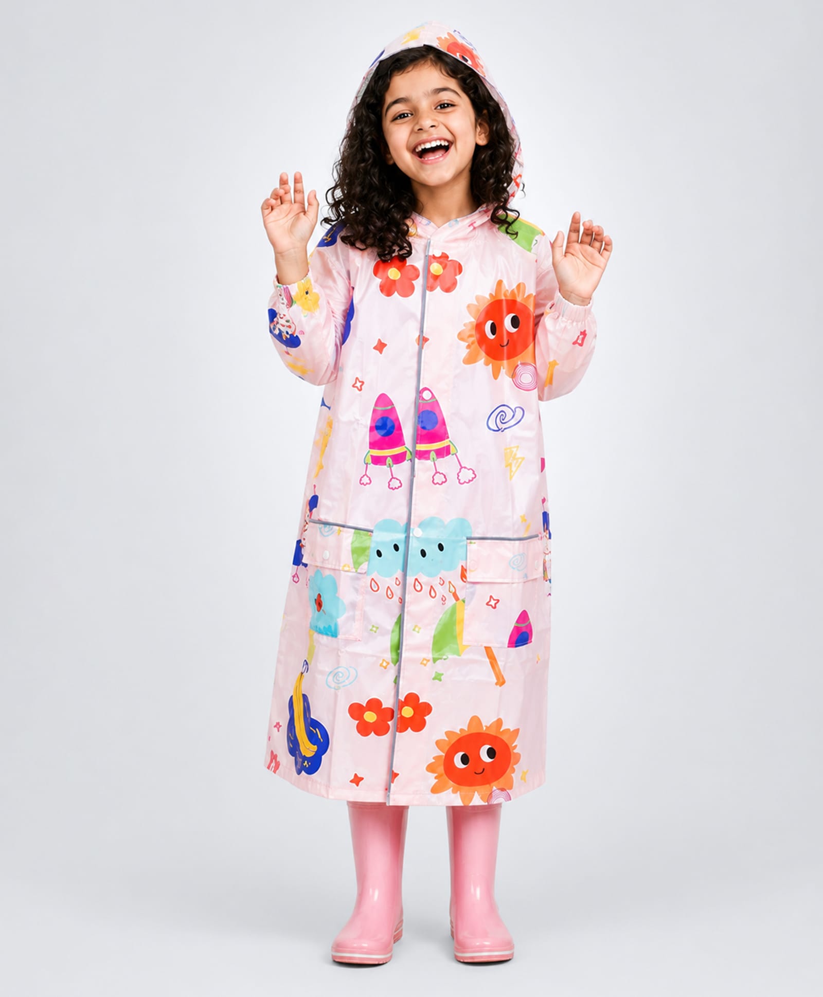 Little Surprise Box Full Sleeves Space Theme Designed Hooded Raincoat -Pink-picture-18