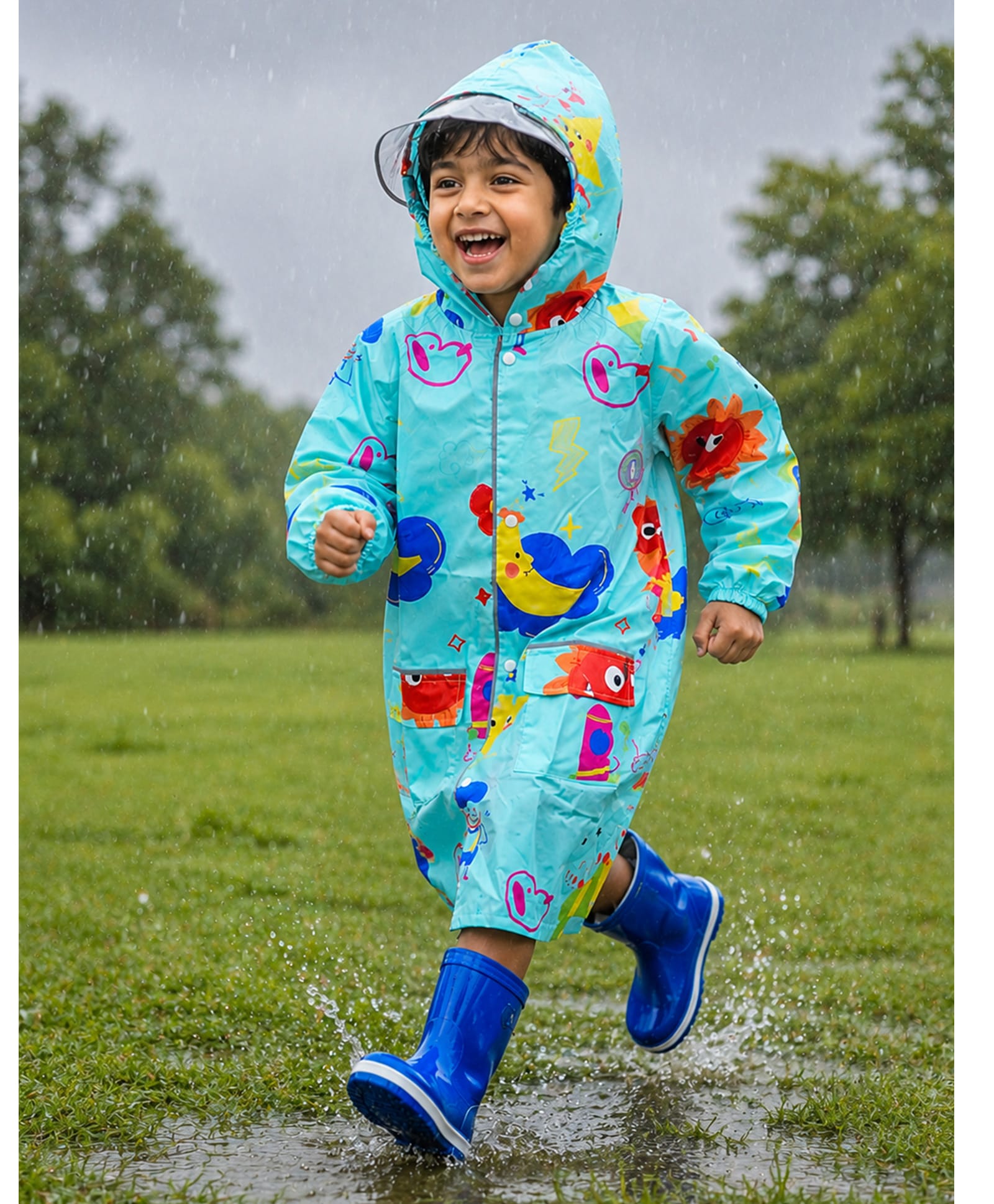 Little Surprise Box Full Sleeves Space Theme Designed Hooded Raincoat - Blue-picture-17