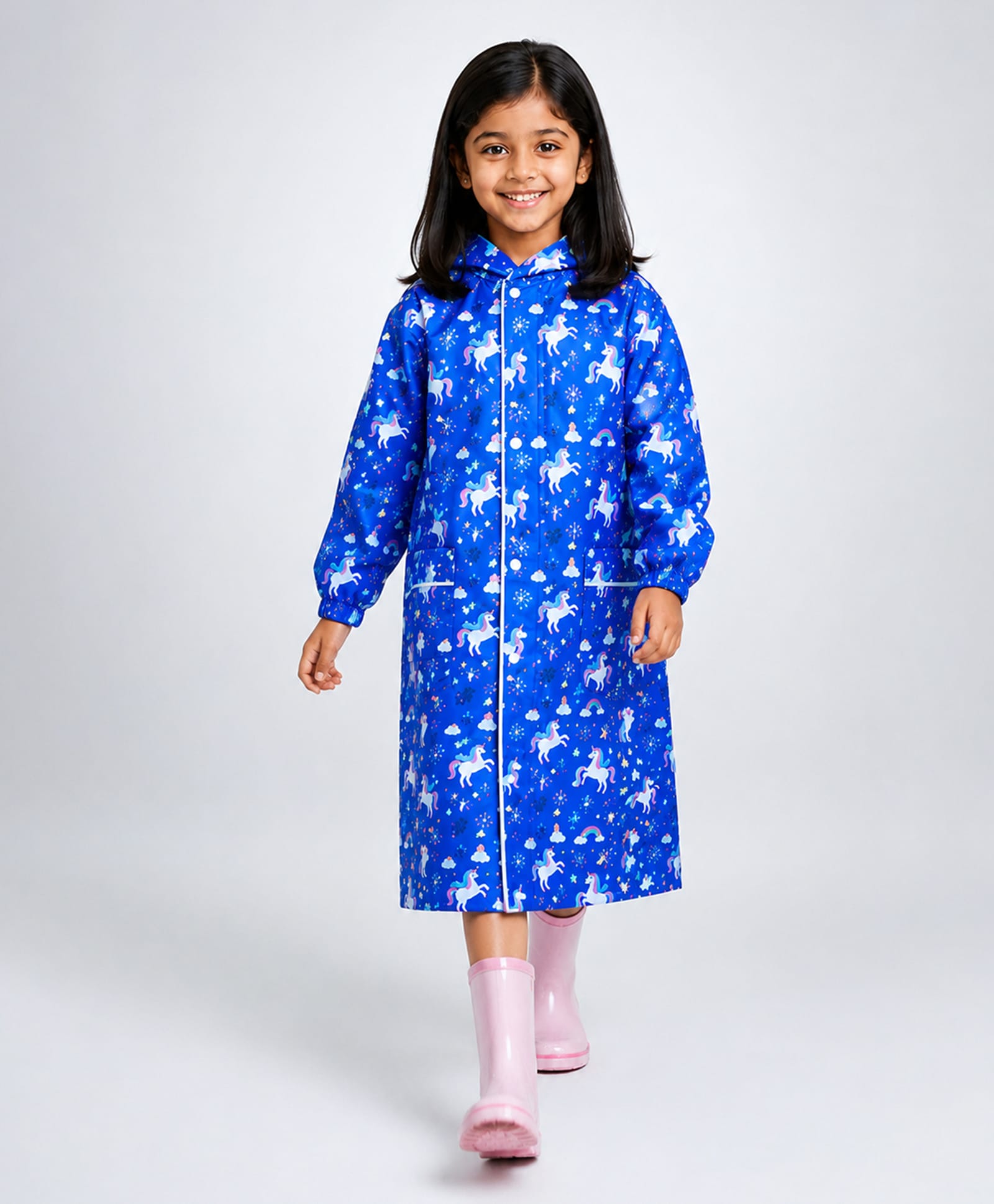 Little Surprise Box Full Sleeves Unicorn Designed Hooded Raincoat - Navy Blue-image-20