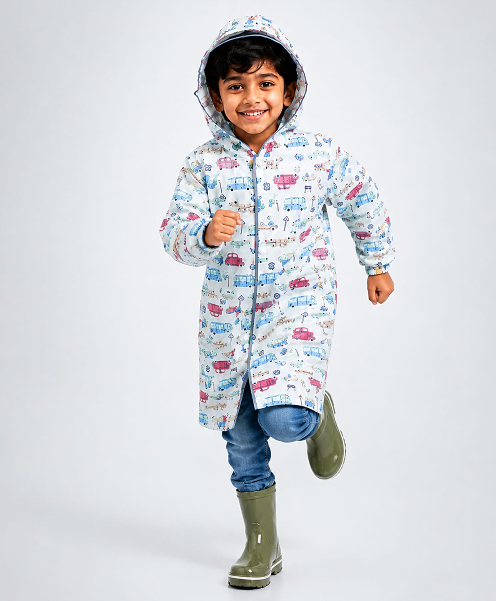 Little Surprise Box Full Sleeves Vehicles Designed Hooded Raincoat - Cream-image-35