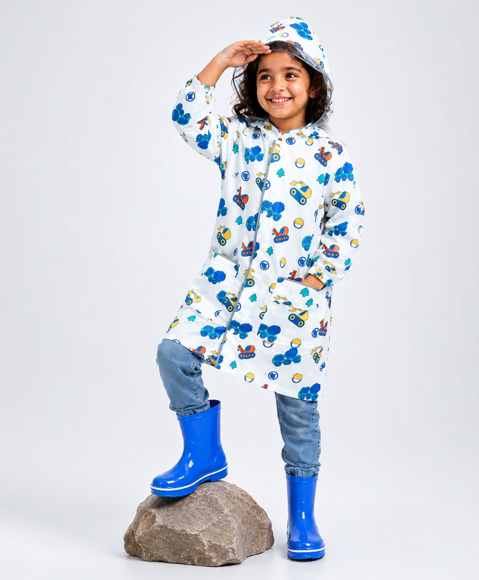 Little Surprise Box Full Sleeves Construction Theme Designed Hooded Raincoat - White-picture-19