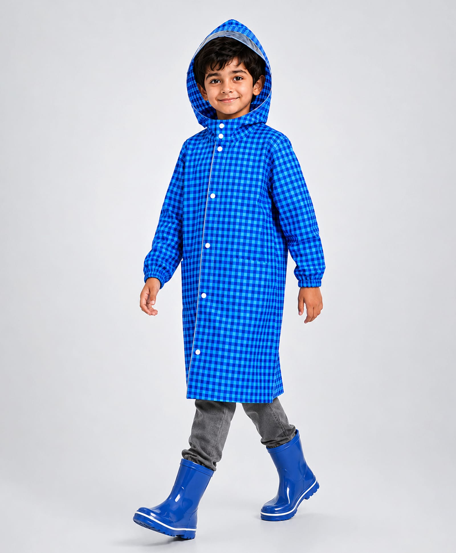 Little Surprise Box Full Sleeves Gingham Checked Hooded Raincoat - Blue-image-39