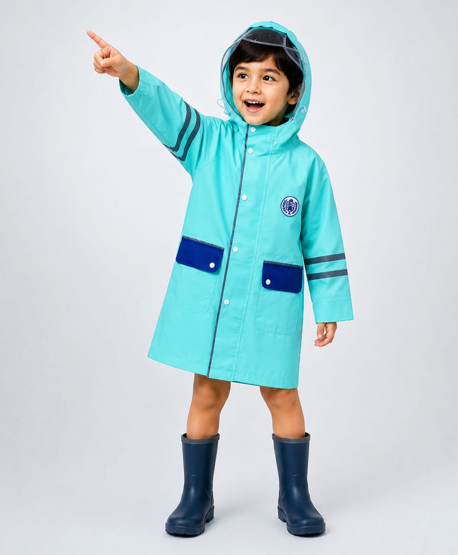 Little Surprise Box Full Sleeves Striped Hooded Raincoat - Blue-image-21