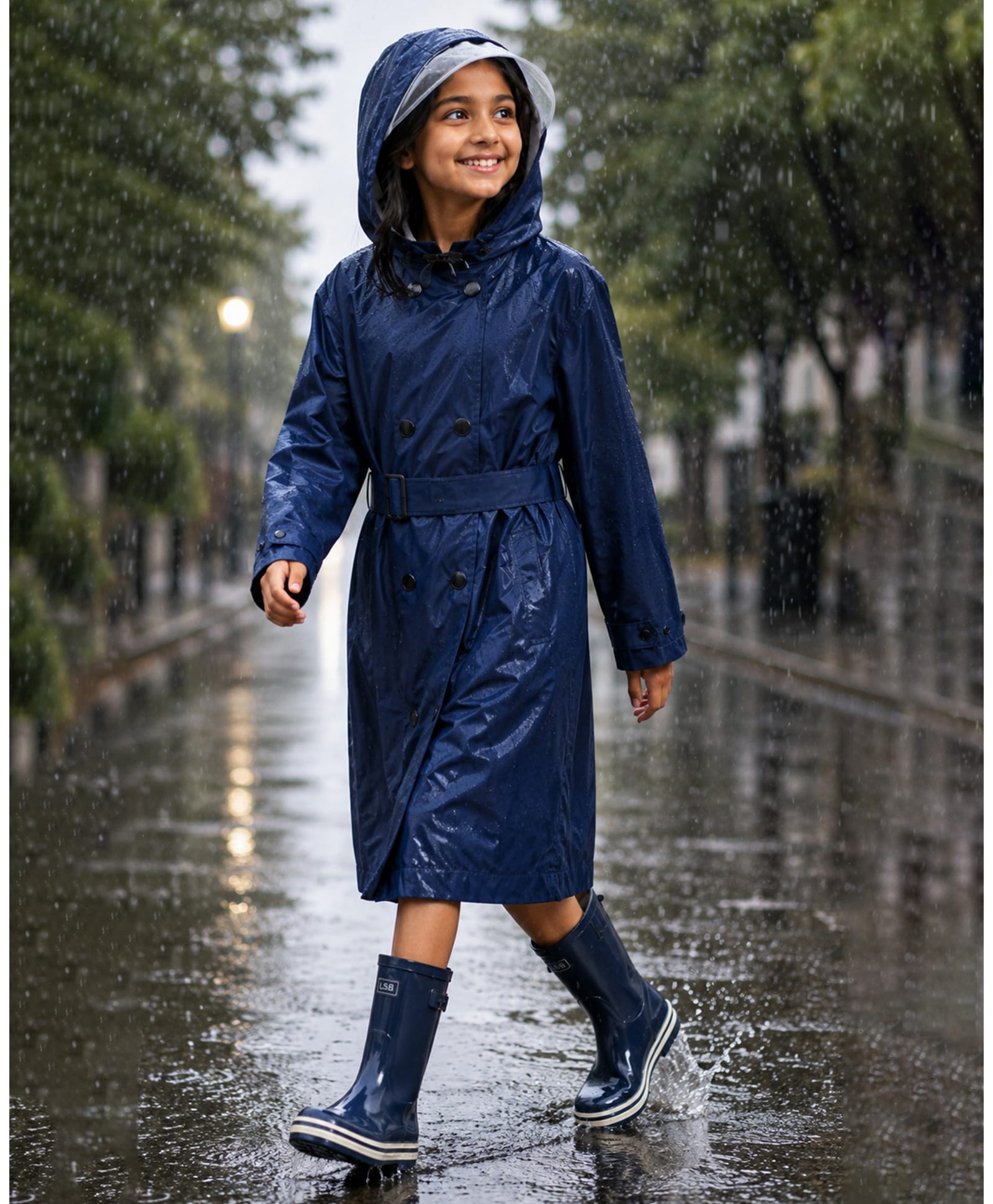 Little Surprise Box Full Sleeves Solid Hooded Trench Style Raincoat - Navy Blue-picture-18