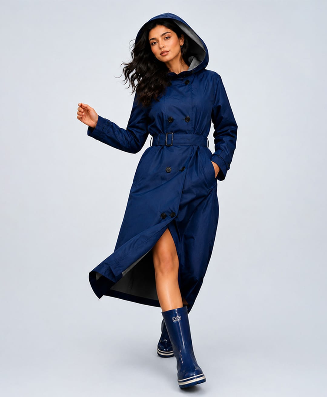 Little Surprise Box Solid Hooded Trench Style Raincoat - Navy Blue-image-46