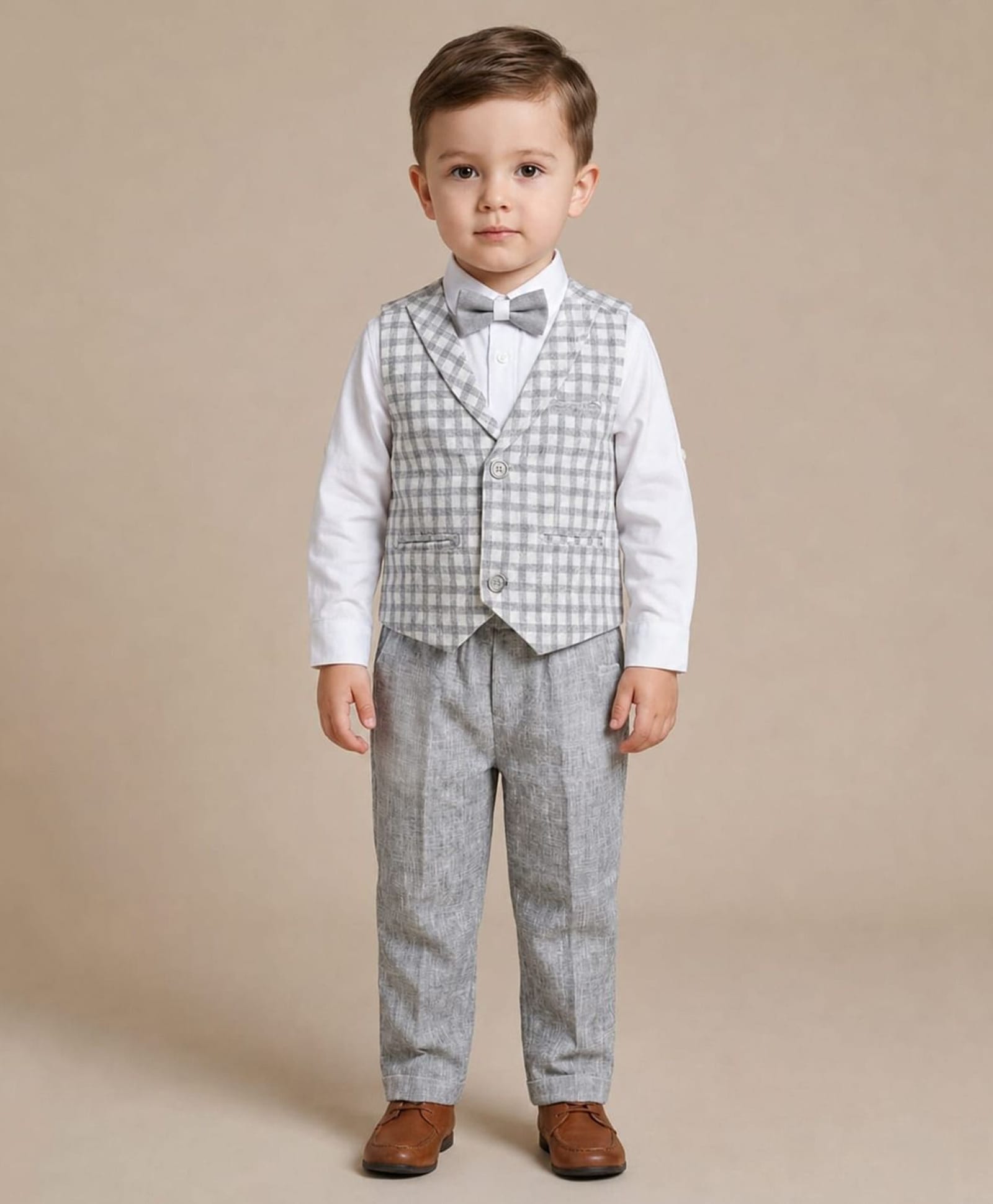 Rikidoos Cotton Woven Full Sleeves 3 Piece Checked Party Suits With Bow - Grey-picture-44