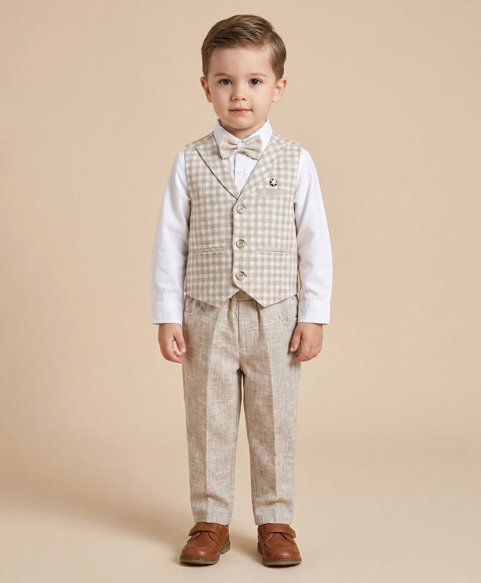 Rikidoos Cotton Woven Full Sleeves 3 Piece Checked Party Suits With Bow - Beige-picture-42