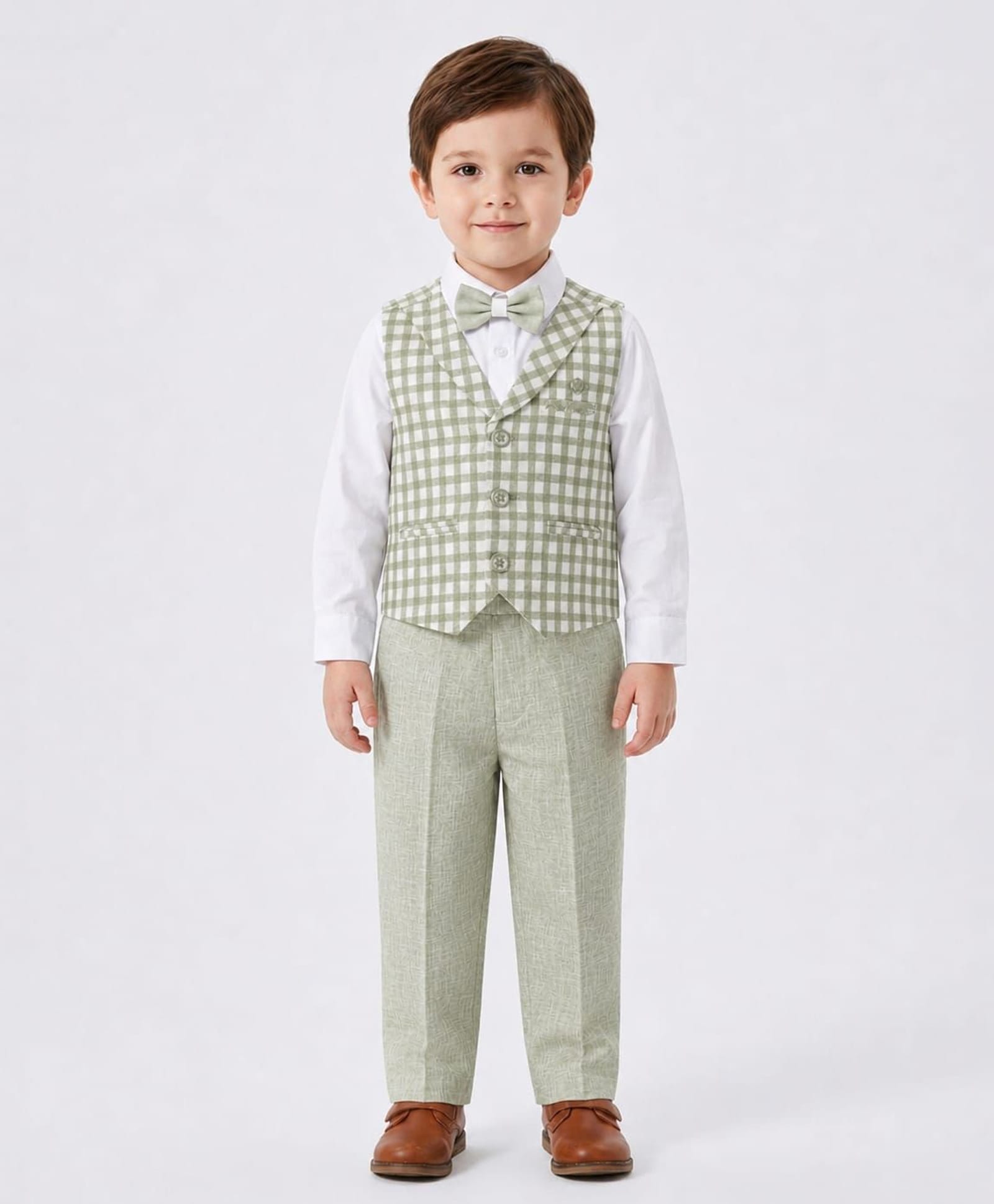 Rikidoos Cotton Woven Full Sleeves 3 Piece Checked Party Suits With Bow - Light Green-picture-28