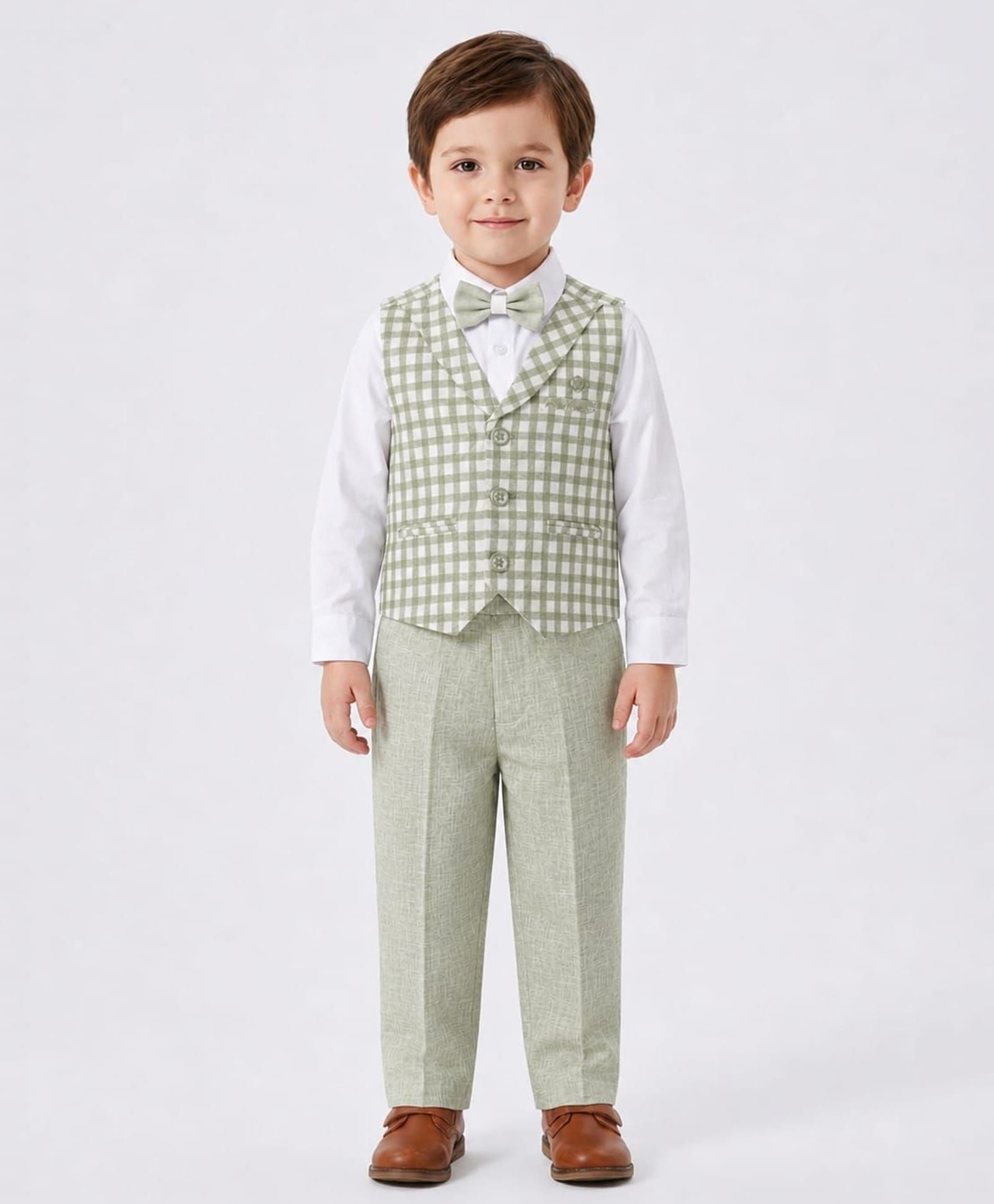 Rikidoos Cotton Woven Full Sleeves 3 Piece Checked Party Suits With Bow - Light Green-picture-13