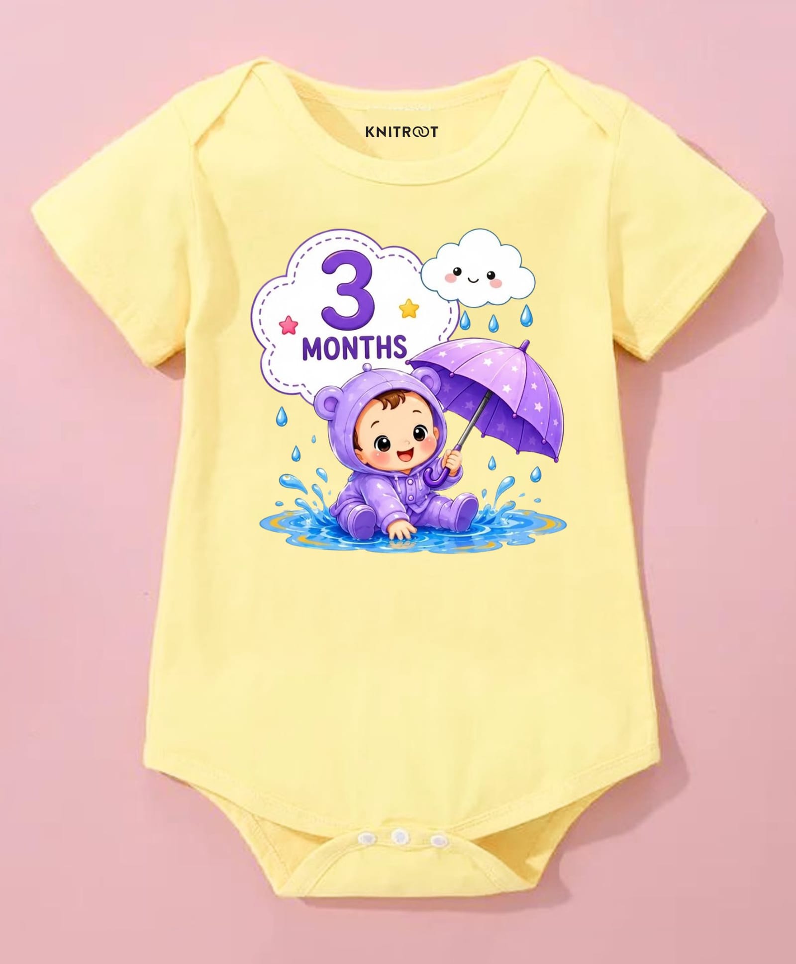 KNITROOT Cotton Knit Birthday Theme Half Sleeves 3 Months Text Printed Onesie - Yellow-picture-17