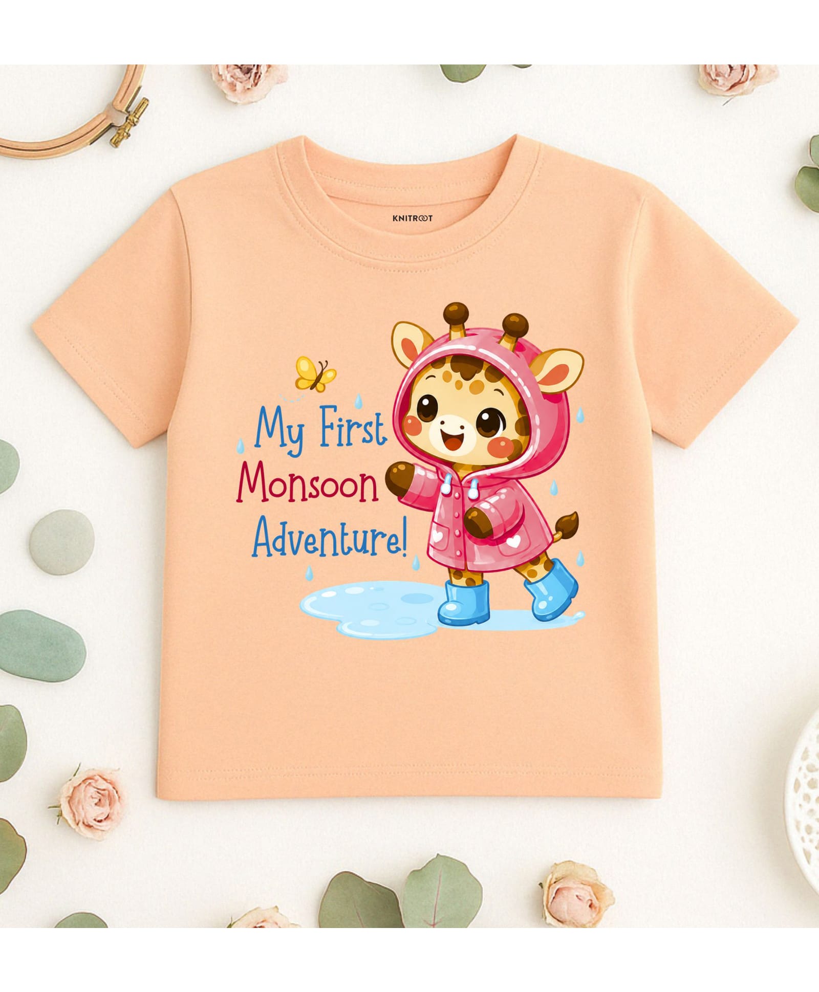 KNITROOT Cotton Knit Half Sleeves Cartoon Giraffe Printed Tee - Peach-image-12