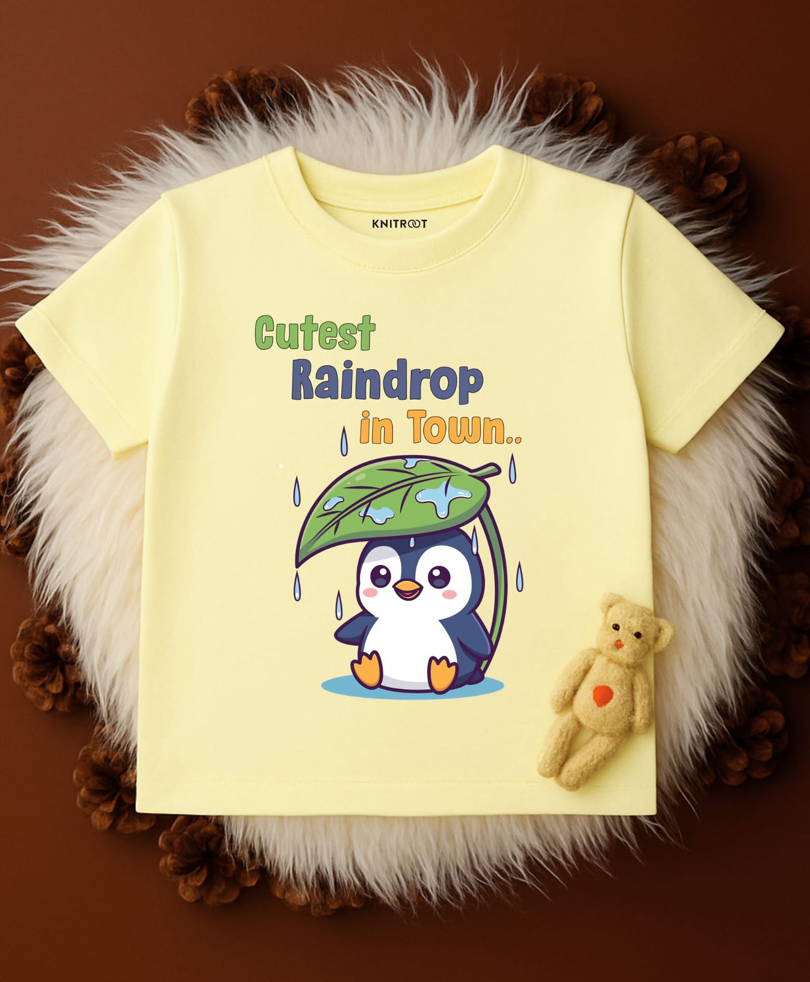 KNITROOT Cotton Knit Half Sleeves Penguin Under Leaf Printed Tee - Yellow-image-21