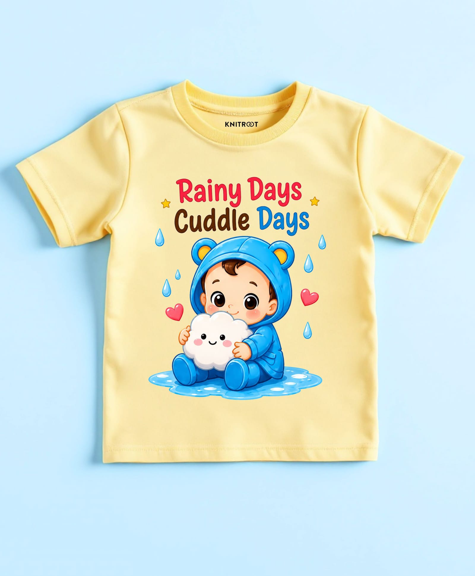 KNITROOT Cotton Knit Half Sleeves Baby With Cloud Printed Tee - Yellow-image-8