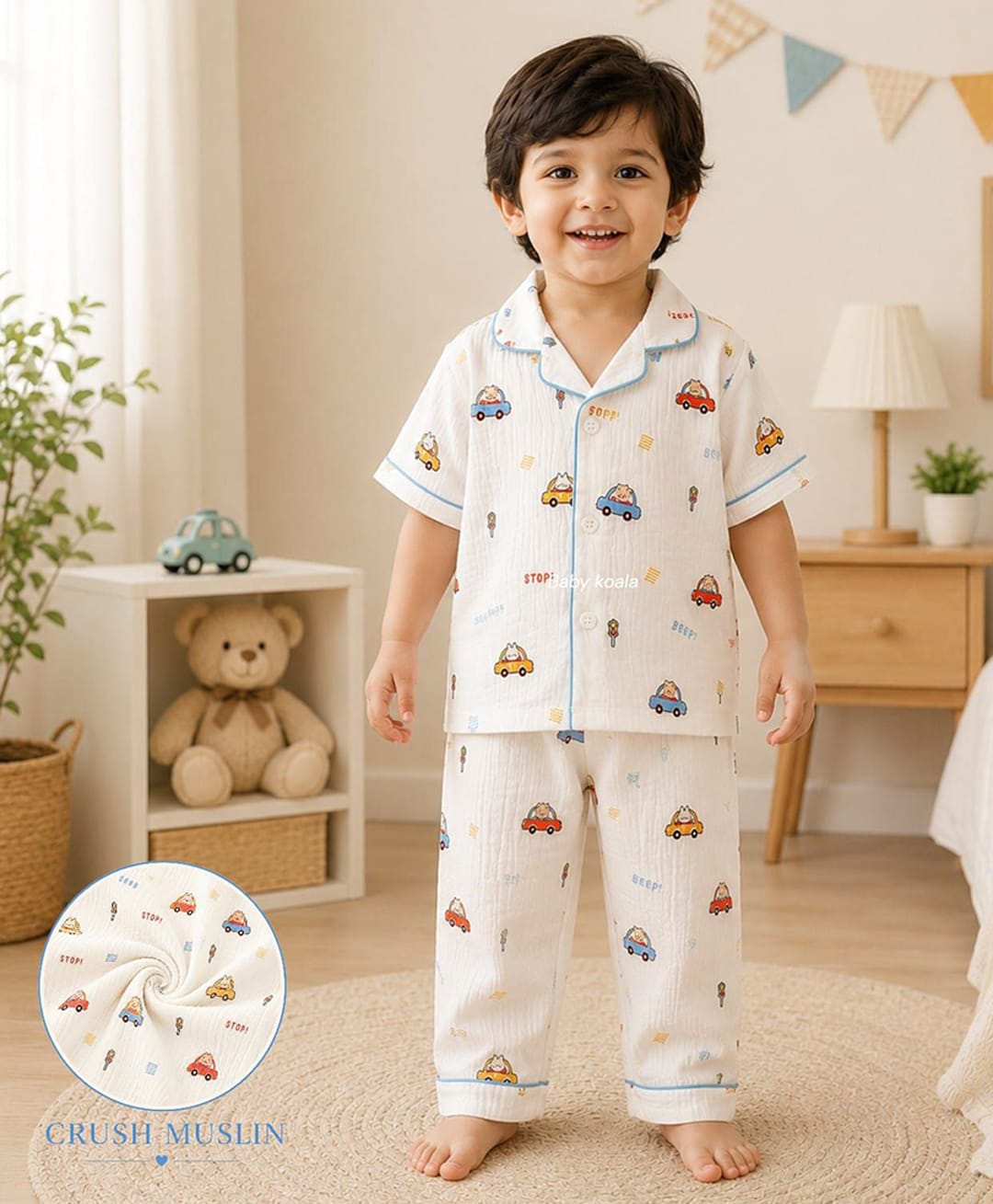 Baby Koala Muslin Woven Half Sleeves Vehicles Printed Coordinating Shirt & Pajama Night Suit - Off White-image-49