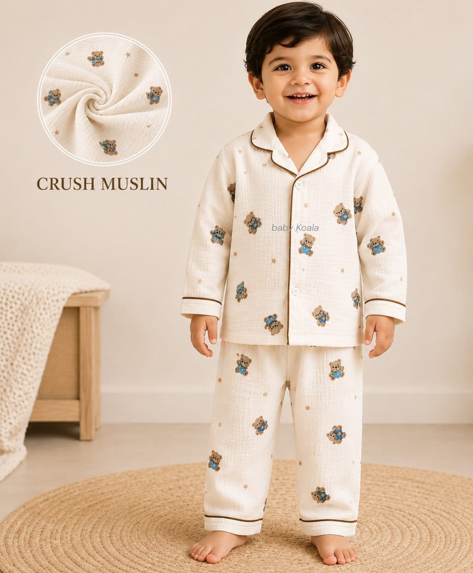 Baby Koala Muslin Woven Full Sleeves Bear Printed Coordinating Shirt & Pajama Night Suit - Off White-image-27