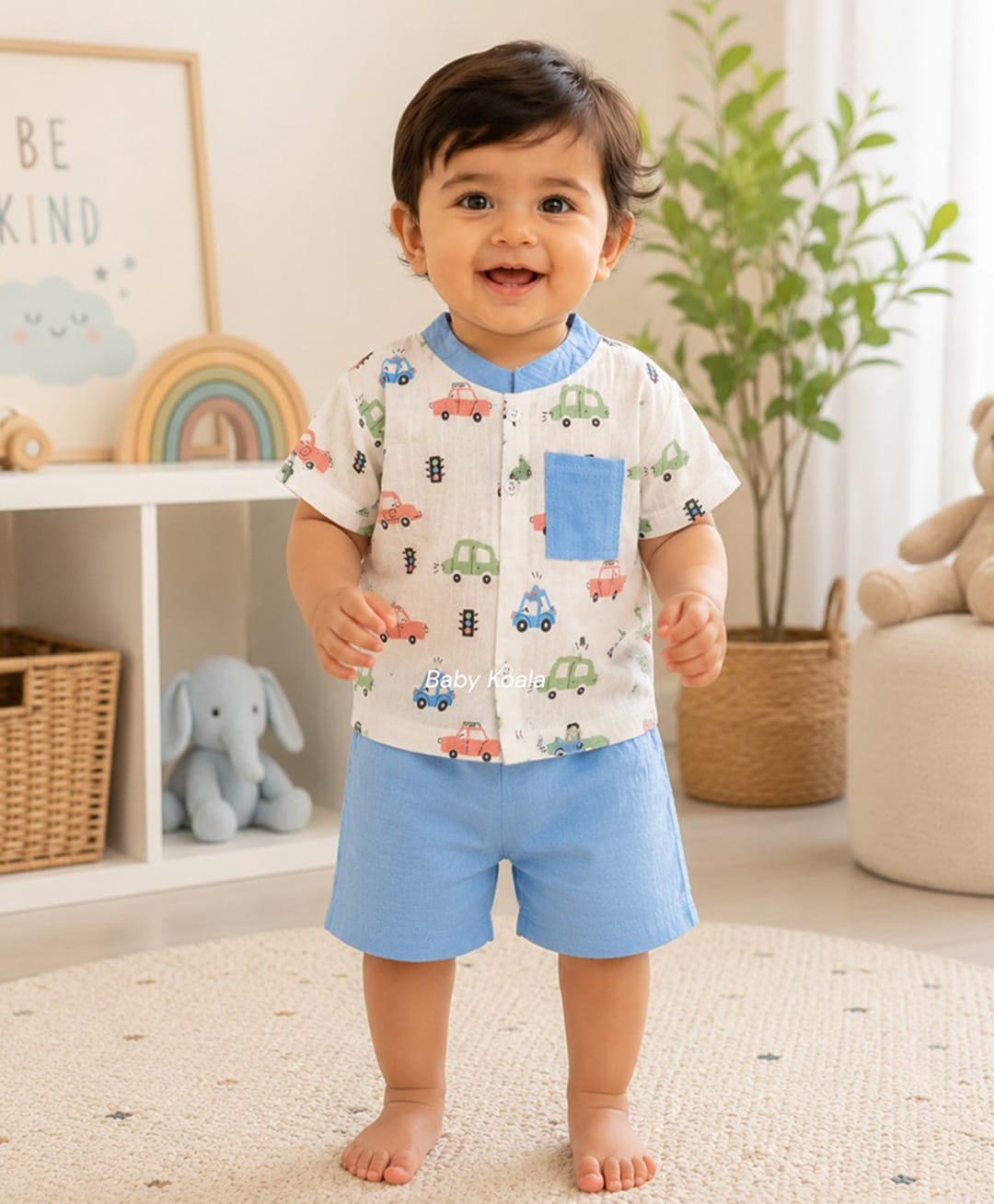 Baby Koala Muslin Woven Half Sleeves Cars Printed Shirt & Shorts Set - Sky Blue-picture-15