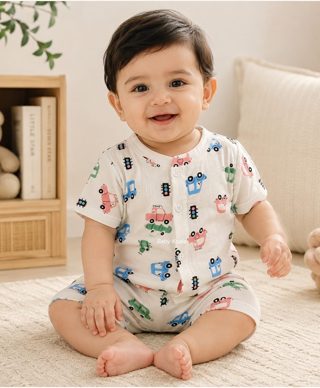Baby Koala Muslin Woven Half Sleeves Cars Printed Coordinating Shirt & Shorts Set - White-picture-20
