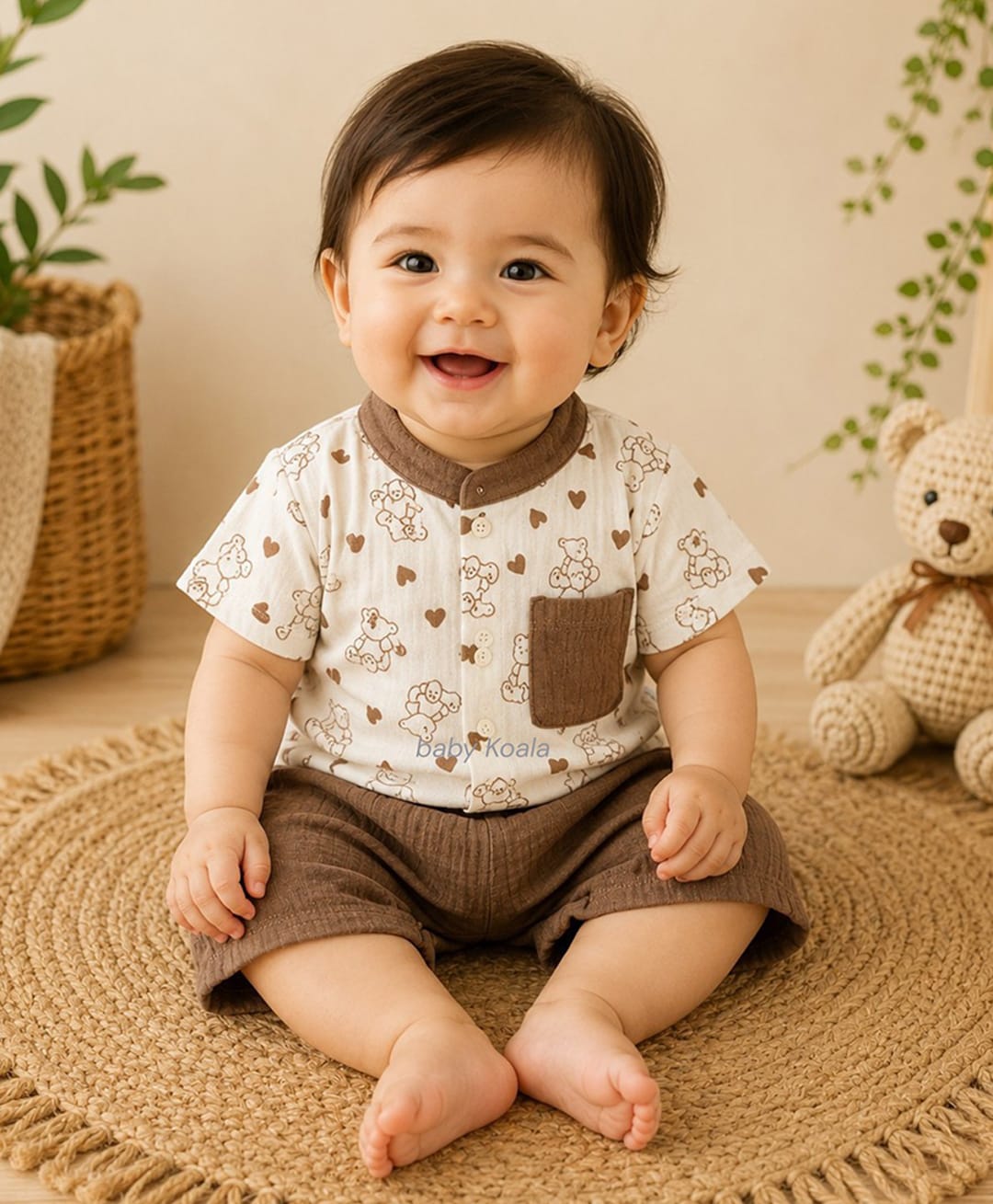 Baby Koala Muslin Woven Half Sleeves Bear Printed Shirt & Shorts Set - Beige-image-43
