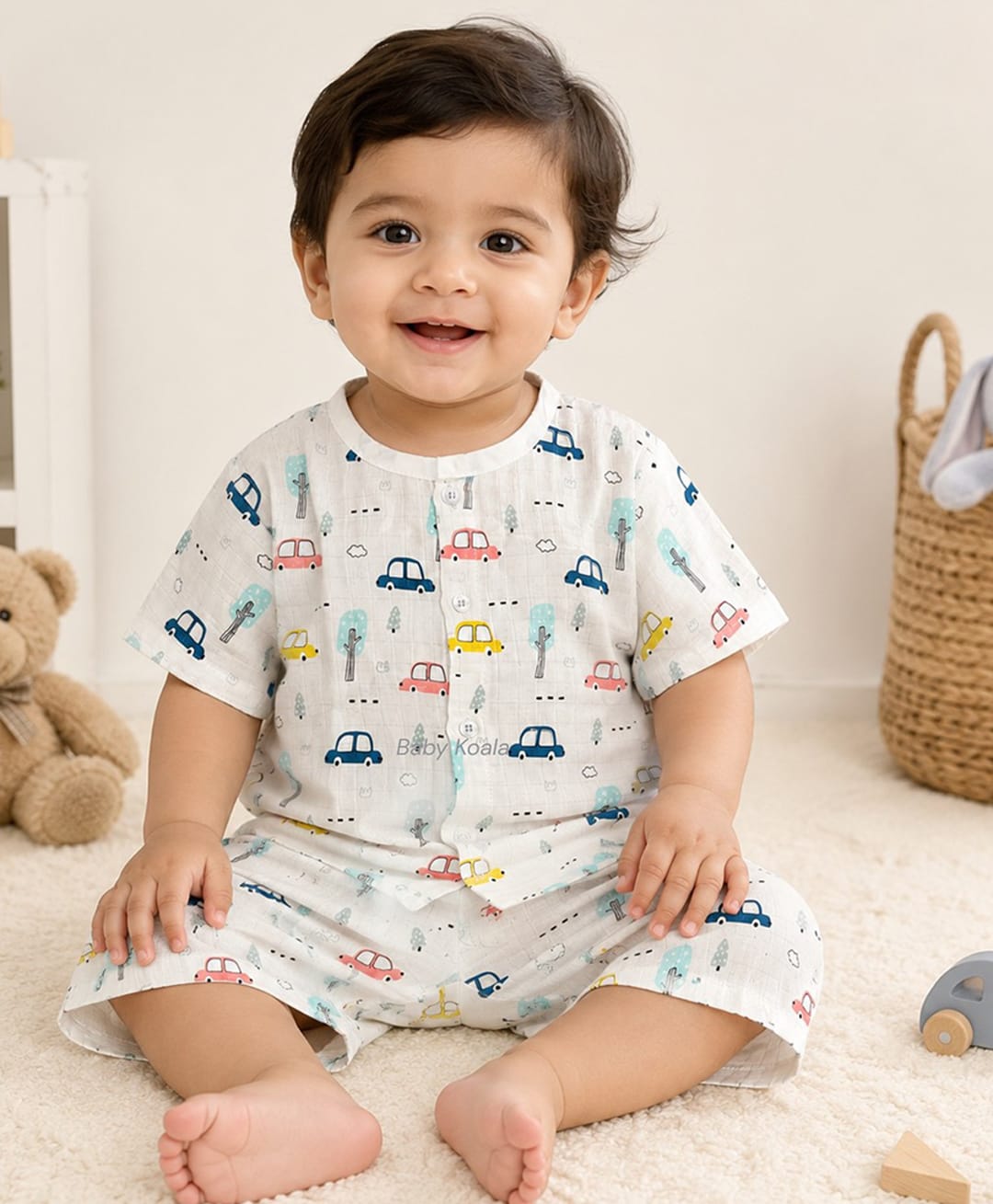 Baby Koala Muslin Woven Half Sleeves Cars Printed Coordinating Shirt & Shorts Set - White-image-37