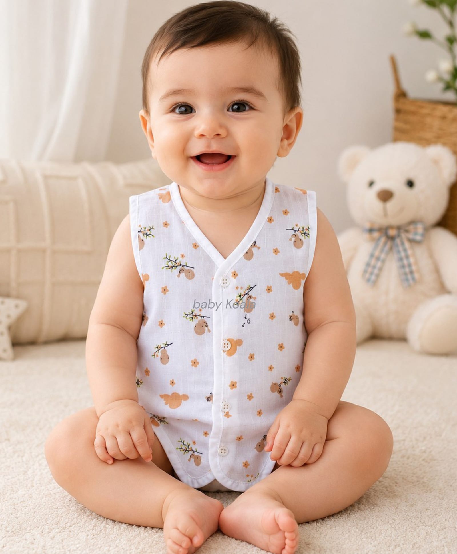 Baby Koala Muslin Knit Sleeveless Floral & Birds Printed Jhabla - White-image-46