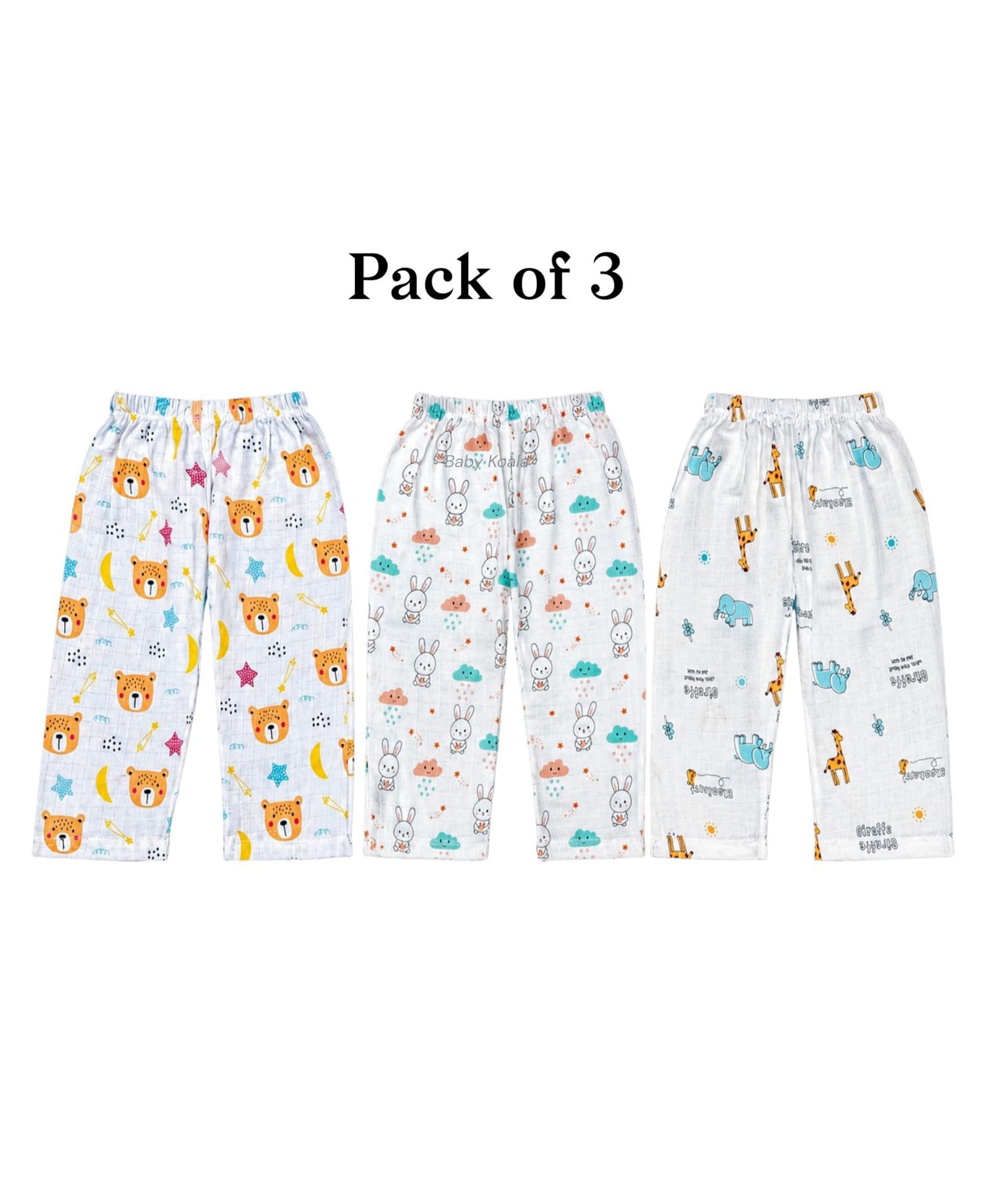 Baby Koala Muslin Woven Pack Of 3 Animals Printed Leggings - White-image-38