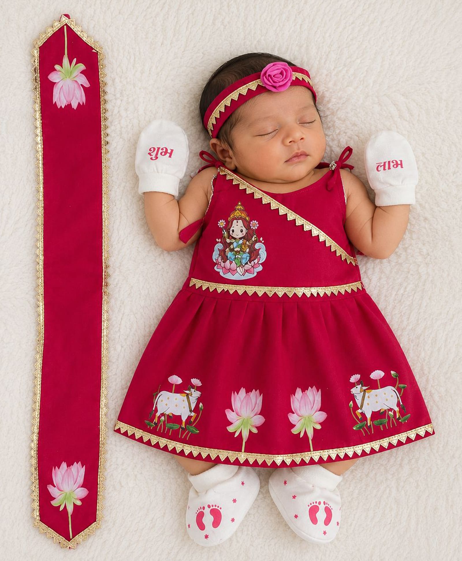 Baby Koala Cotton Woven Sleeveless Lakshmi Goddess Printed Dress With Dupatta Headband & Mittens - Red-image-41
