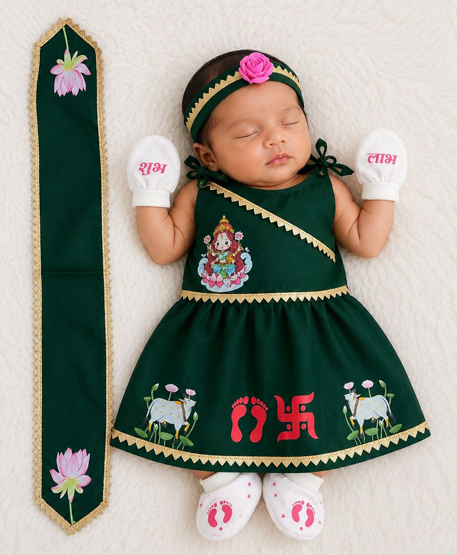 Baby Koala Cotton Woven Sleeveless Lakshmi Goddess Printed Dress With Dupatta Headband & Mittens - Green-image-20