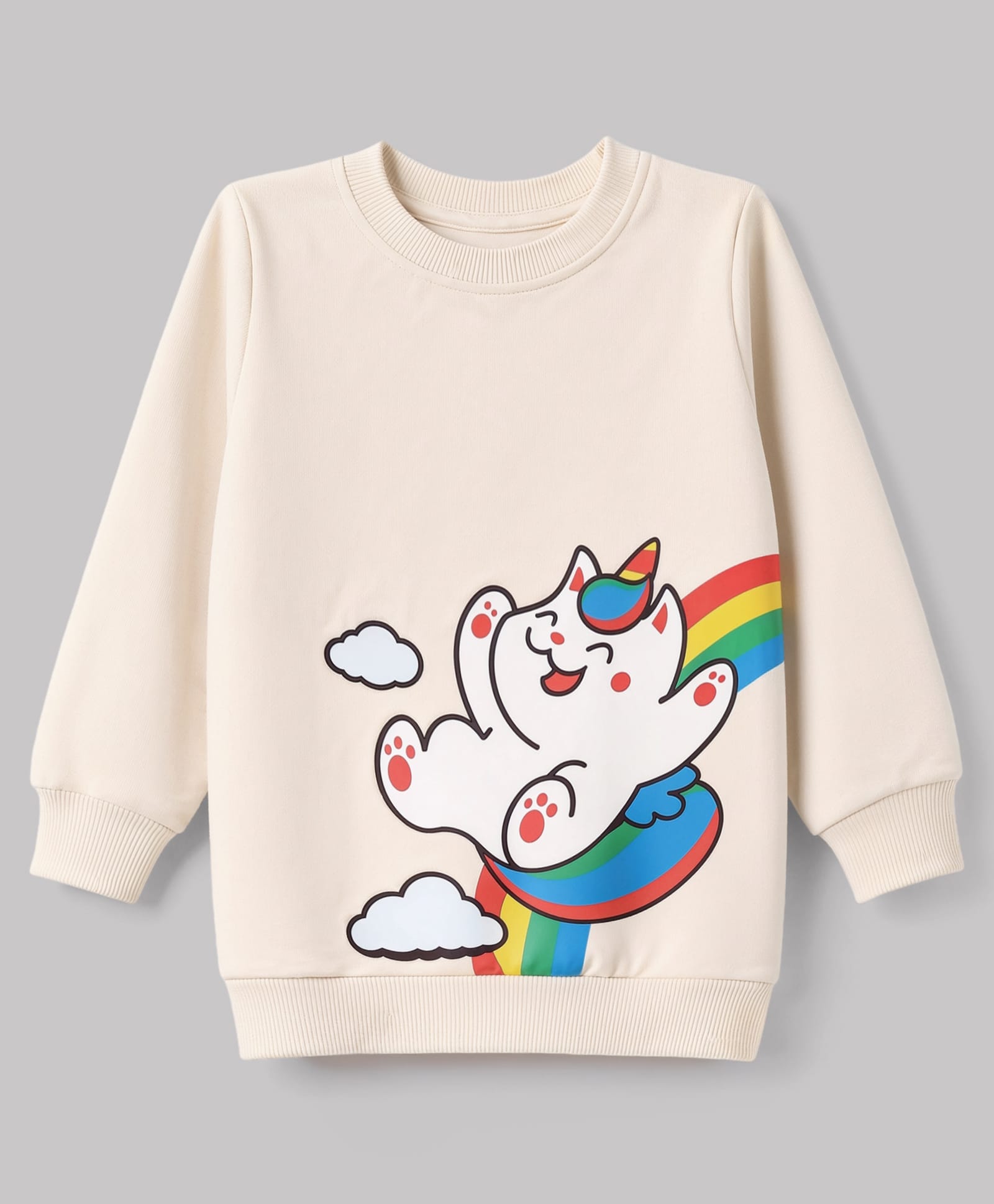 Bumzee Cotton Knit Sweatshirt with Full Sleeves and Unicorn Print - Cream-picture-42