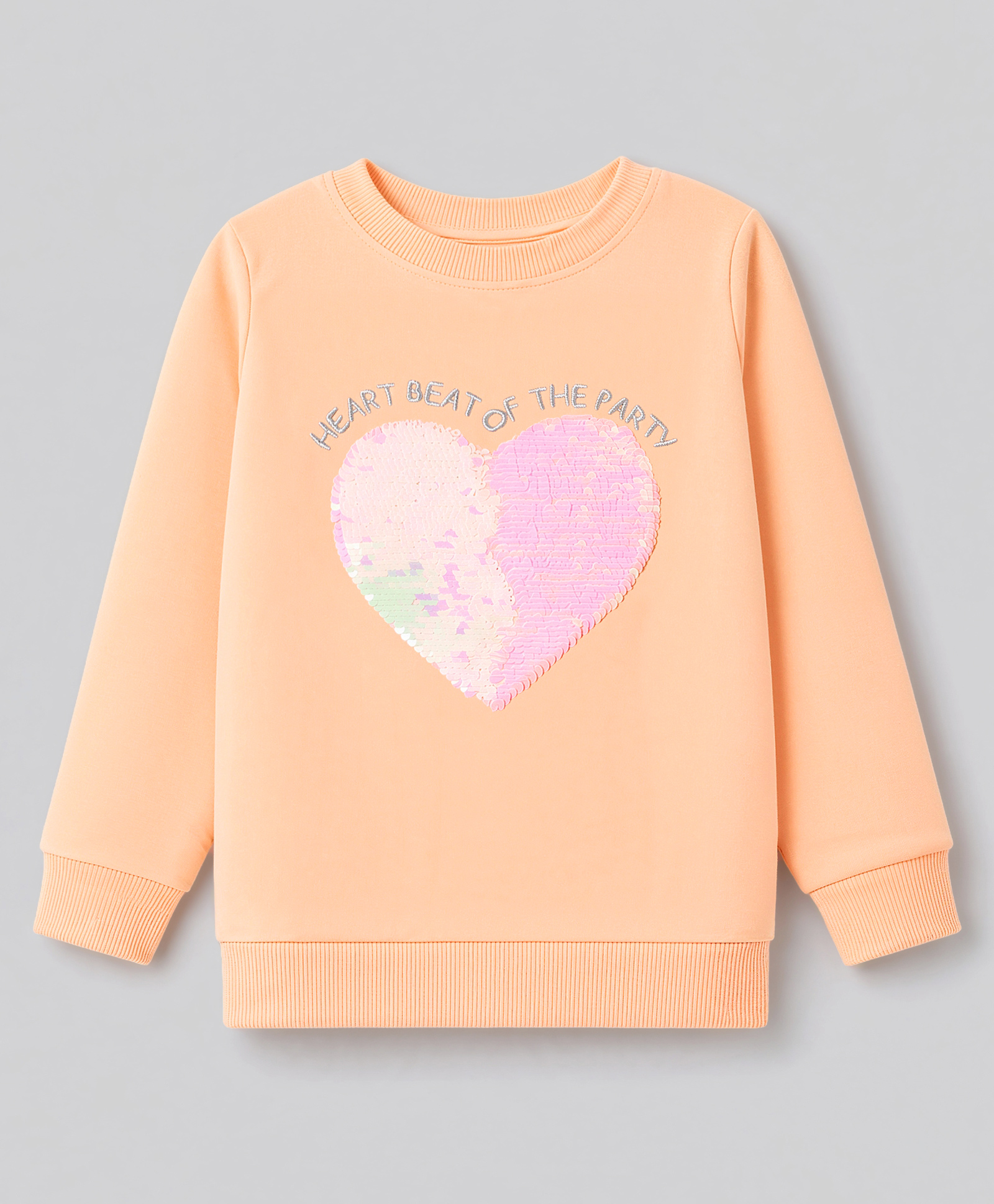Bumzee Cotton Knit Sweatshirt with Full Sleeves and Heart Sequins Print - Peach-image-49
