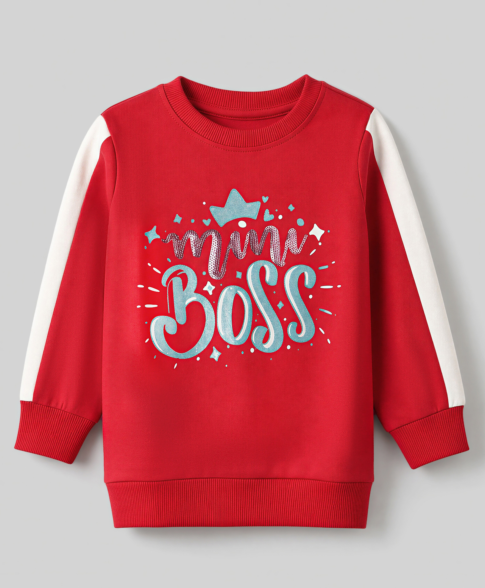 Bumzee Cotton Knit Sweatshirt with Full Sleeves and Mini Boss Text Print - Red-picture-18