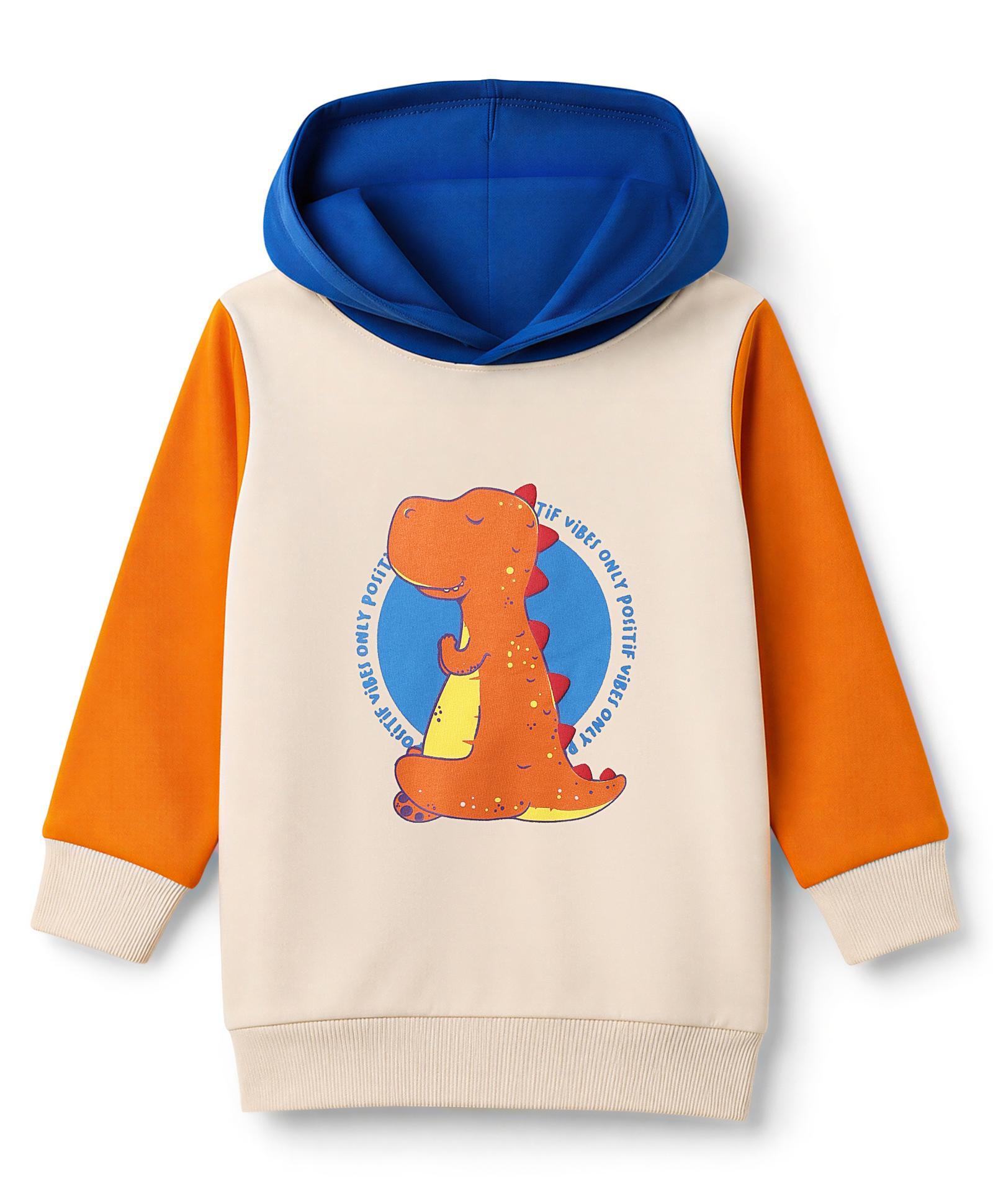 Bumzee Cotton Knit Hooded Pullover Sweatshirt with Full Sleeves and Dinosaur Print - Beige-image-19