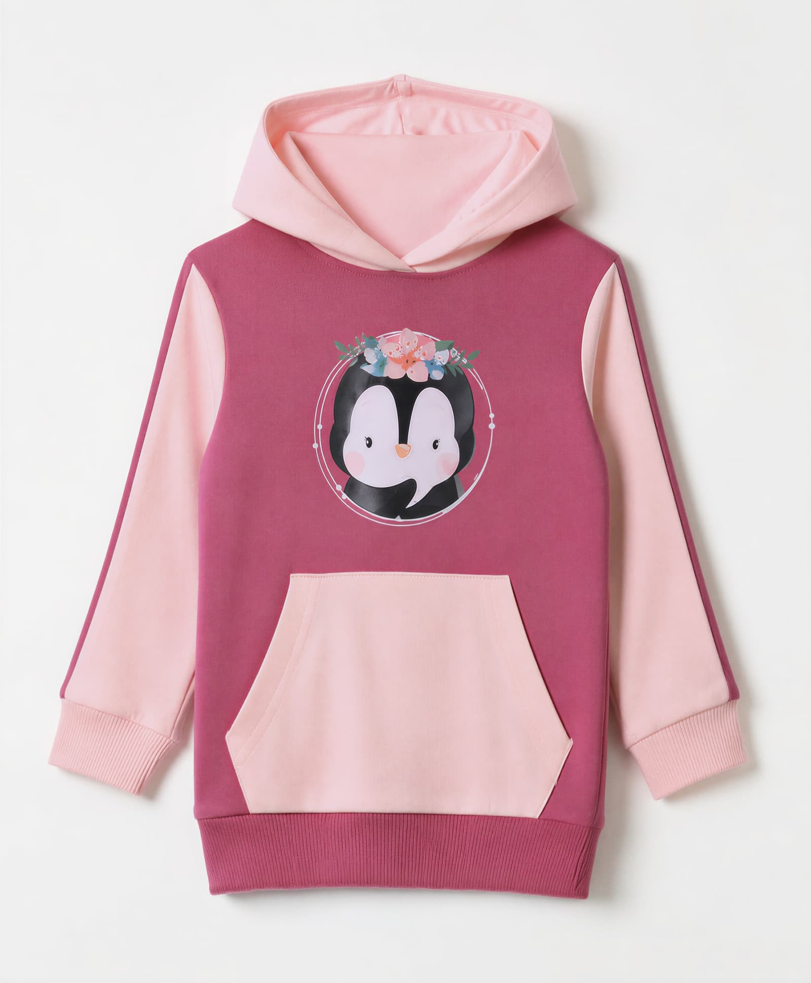 Bumzee Cotton Fleece Knit Hooded Sweatshirt with Full Sleeves and Penguin Print - Mauve-image-43