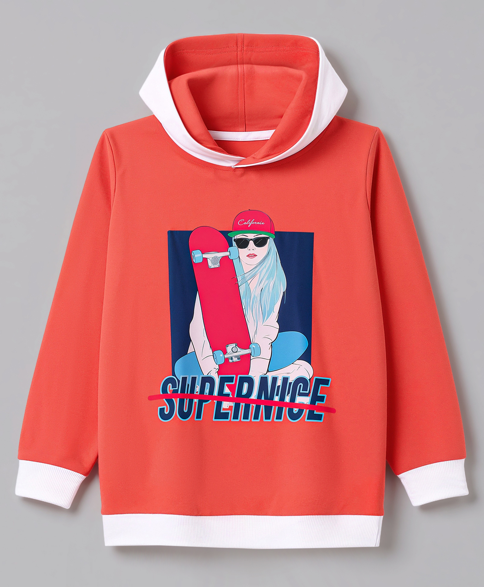 Bumzee Cotton Knit Pullover Hooded Sweatshirt with Full Sleeves and Skater Girl Print - Coral-picture-5