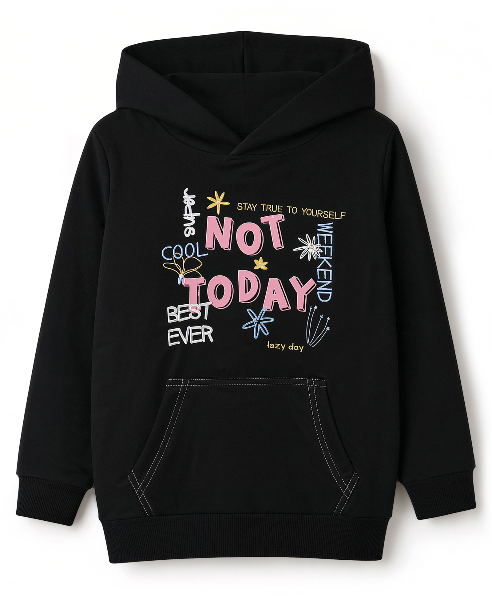 Bumzee Cotton Knit Pullover Hooded Sweatshirt with Full Sleeves & Text Print - Black-picture-15