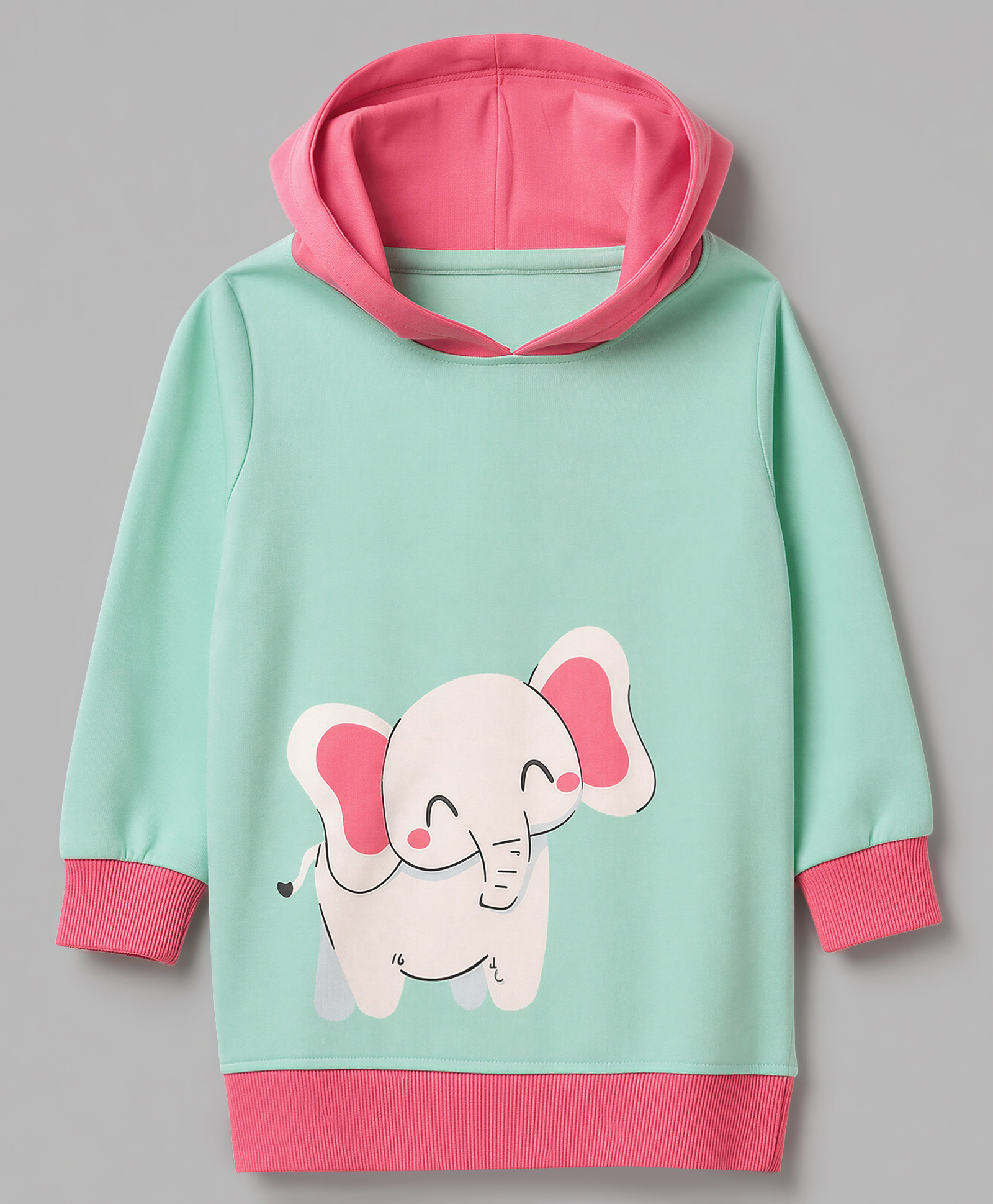 Bumzee Cotton Knit Hooded Sweatshirt with Full Sleeves and Elephant Print - Mint-picture-19